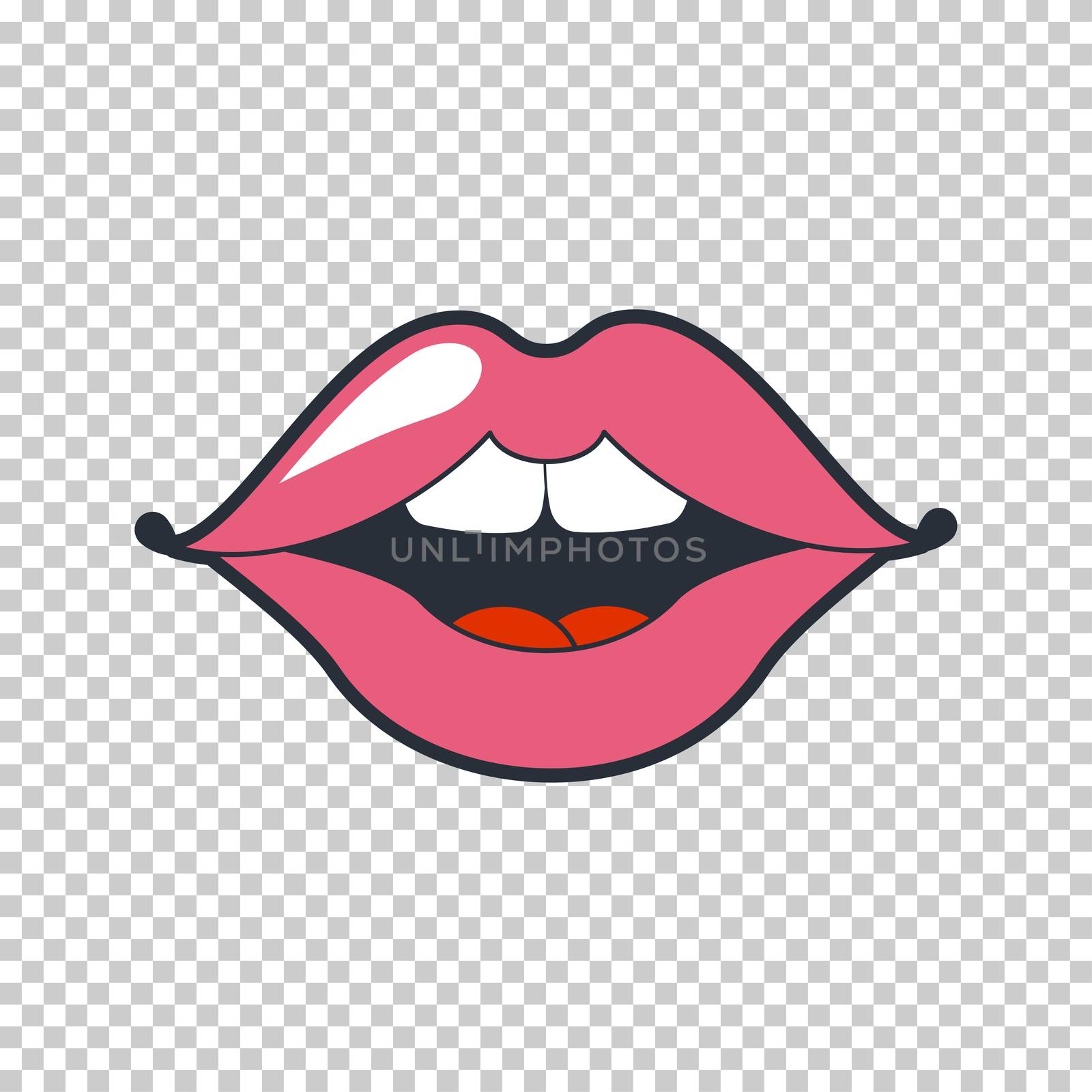 Quirky Lips. patch, sticker isolated on white. Cool sexy red kissed. Selphie cartoon Sign for print, in comics, Fashion, pop art, retro style 80-s 90s by Elena_Garder