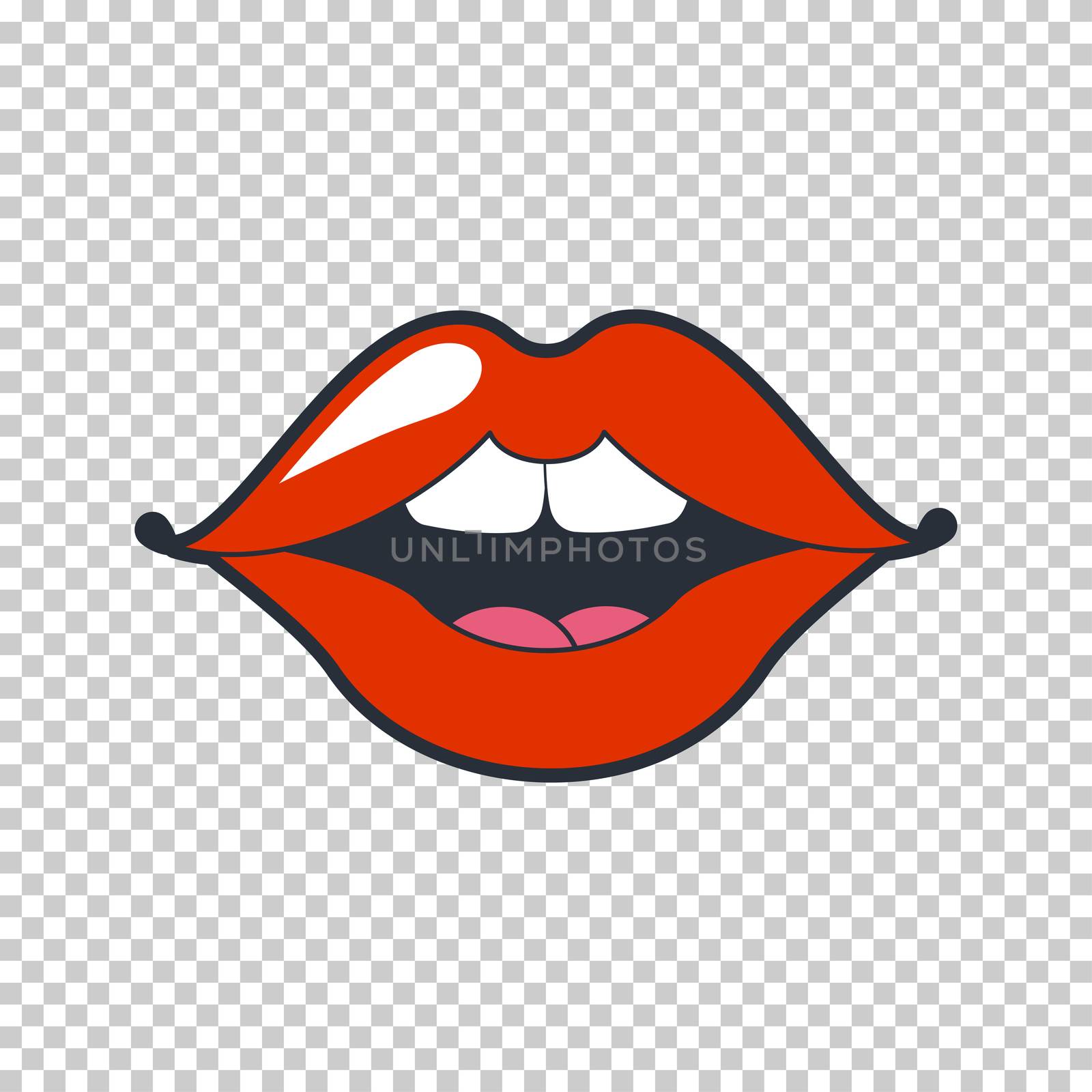 Lips kiss. patch, sticker isolated on white. Cool sexy red kissed. Selphie cartoon Sign for print, in comics, Fashion, pop art, retro style 80-s 90s by Elena_Garder
