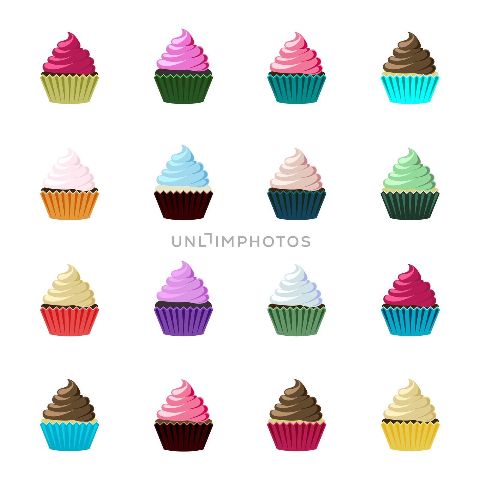 Set of multicolored cupcakes. Icon collection of delicious cakes and muffins for your design project.