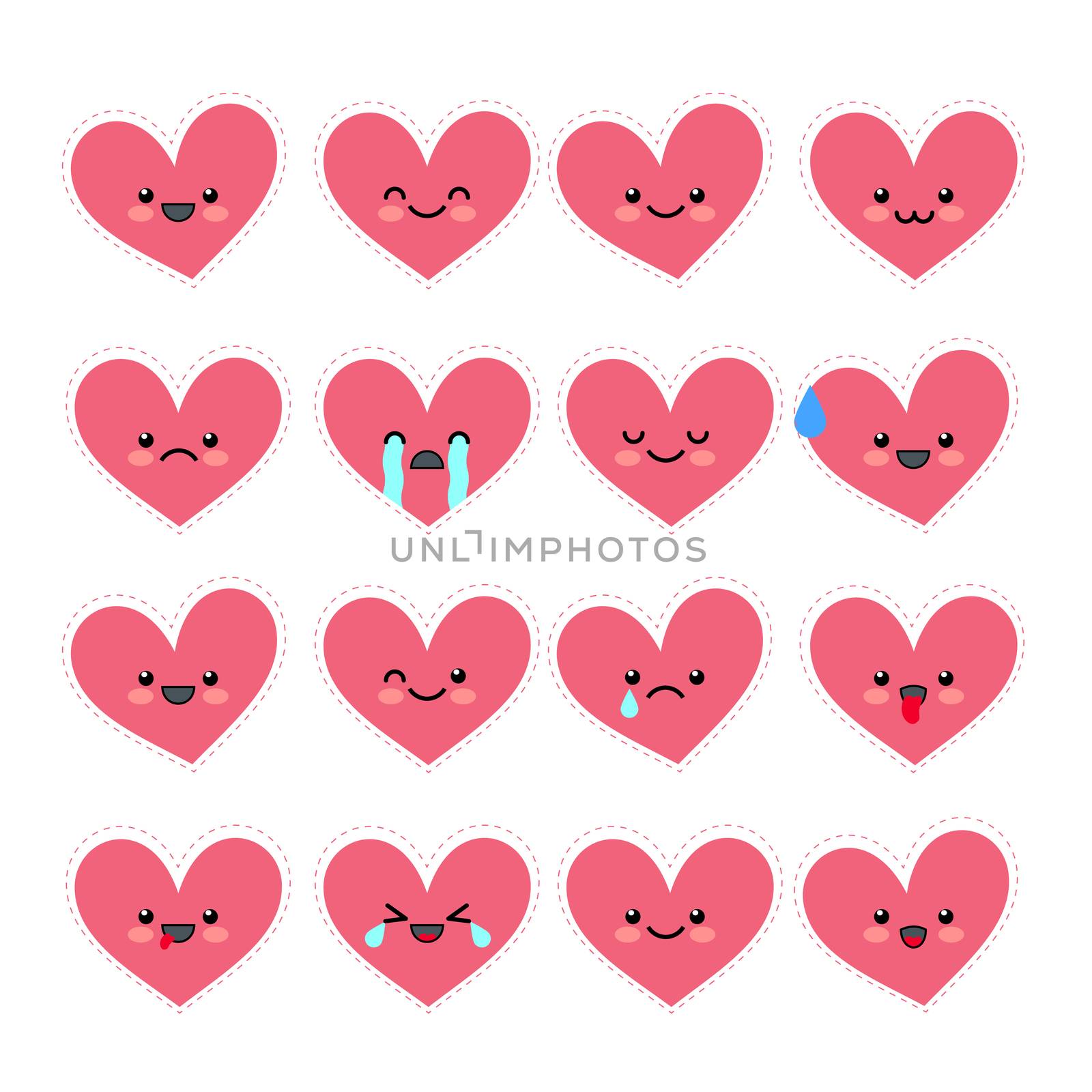 Cute heart emoticons set. Various emotions of the character. Emotions collections of Valentine s day avatar icons.