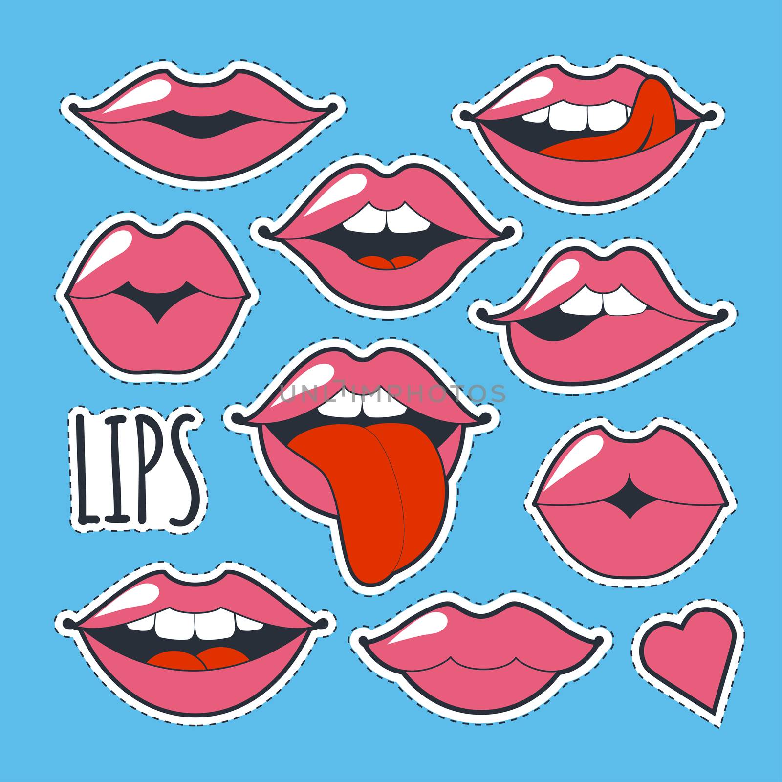 Set glamorous quirky icons. Bright pink makeup kiss mark. Passionate lips in cartoon style of the 80 s and 90 s isolated on blue background. Fashion patch badges with lips.