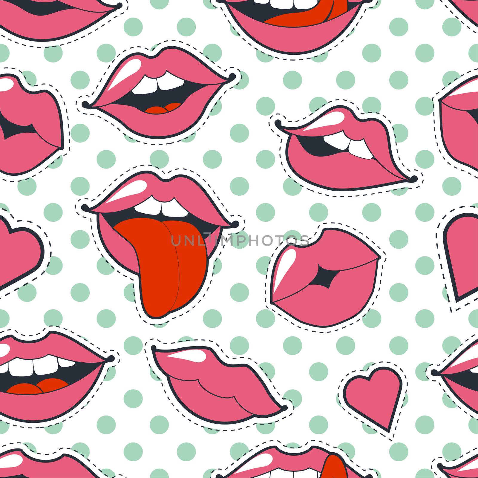 Glamorous quirky seamless background. illustration for fashion design. Bright pink makeup kiss mark. Passionate lips in cartoon style of the 80-s and 90-s isolated on with polka dots. by Elena_Garder