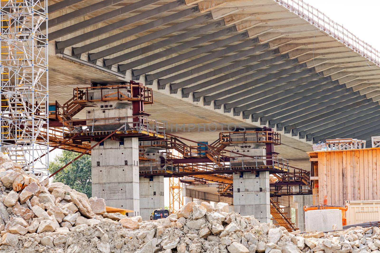 steel bridge construction with scaffolding