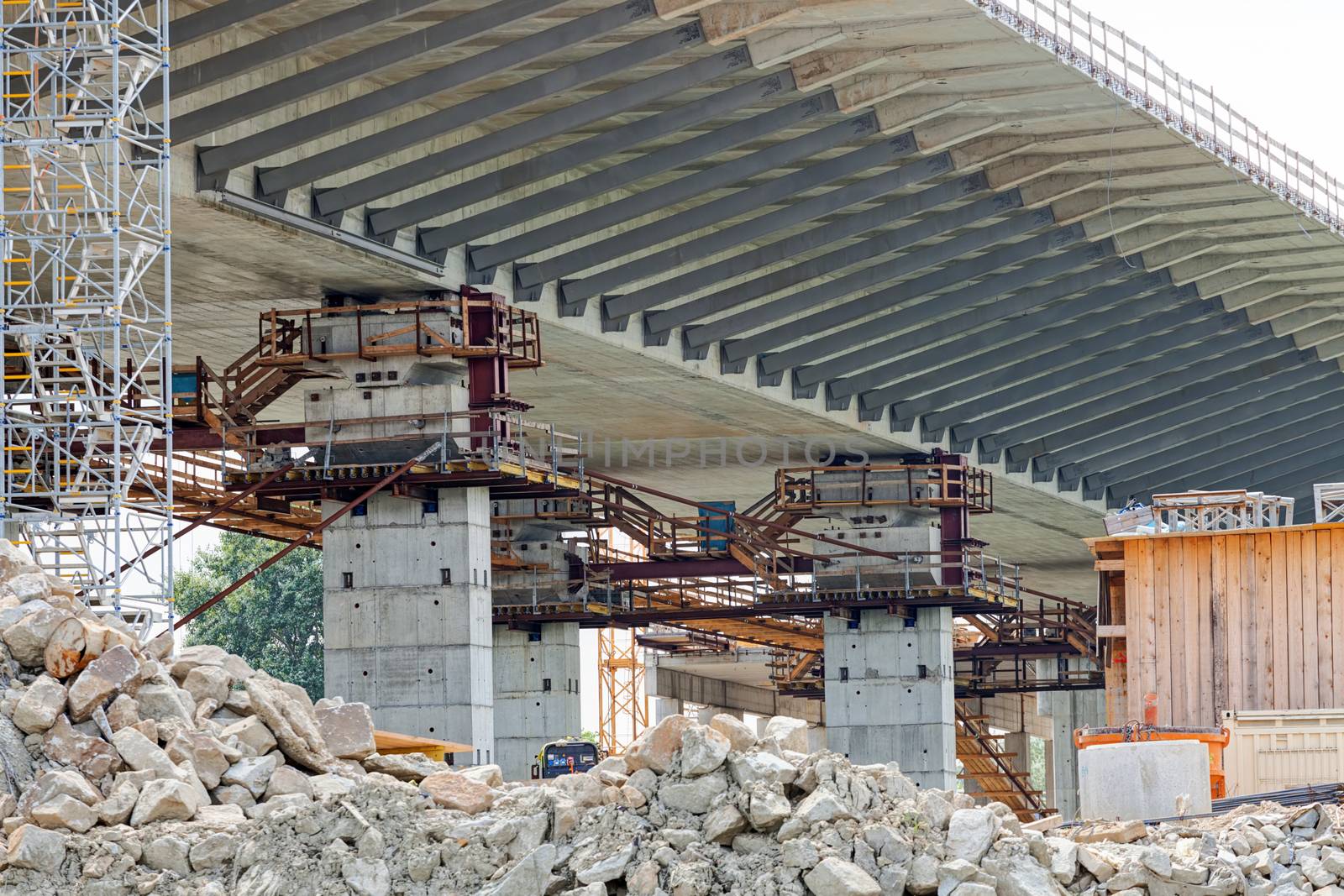 steel bridge construction with scaffolding