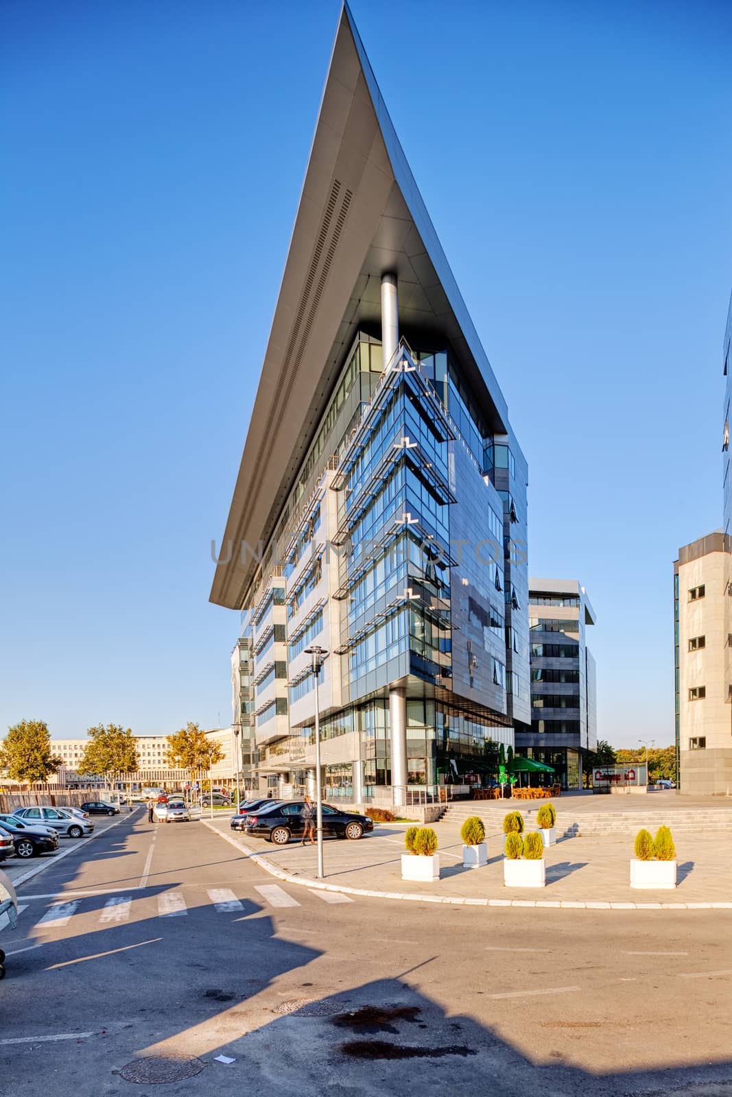 Modern building exterior with glass and metallic facade