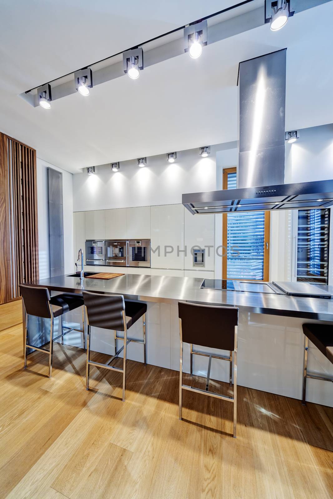 Modern kitchen interior with stainless steel sink and appliances