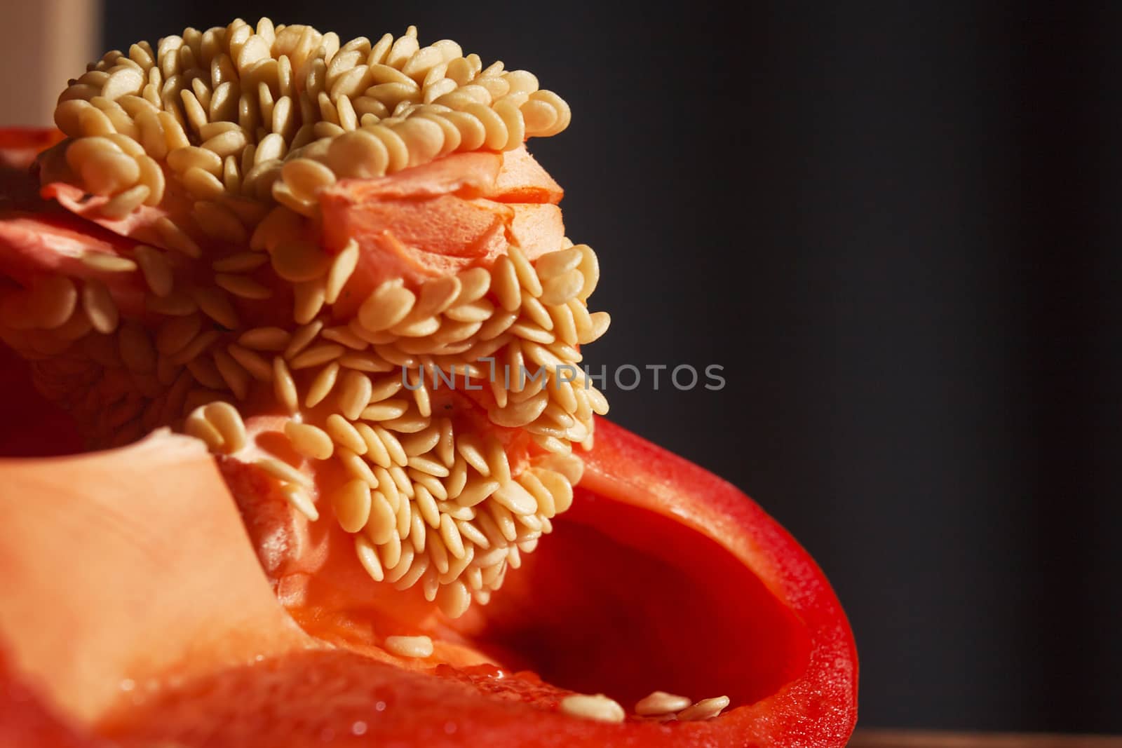 Grain and pulp of red bell pepper close up