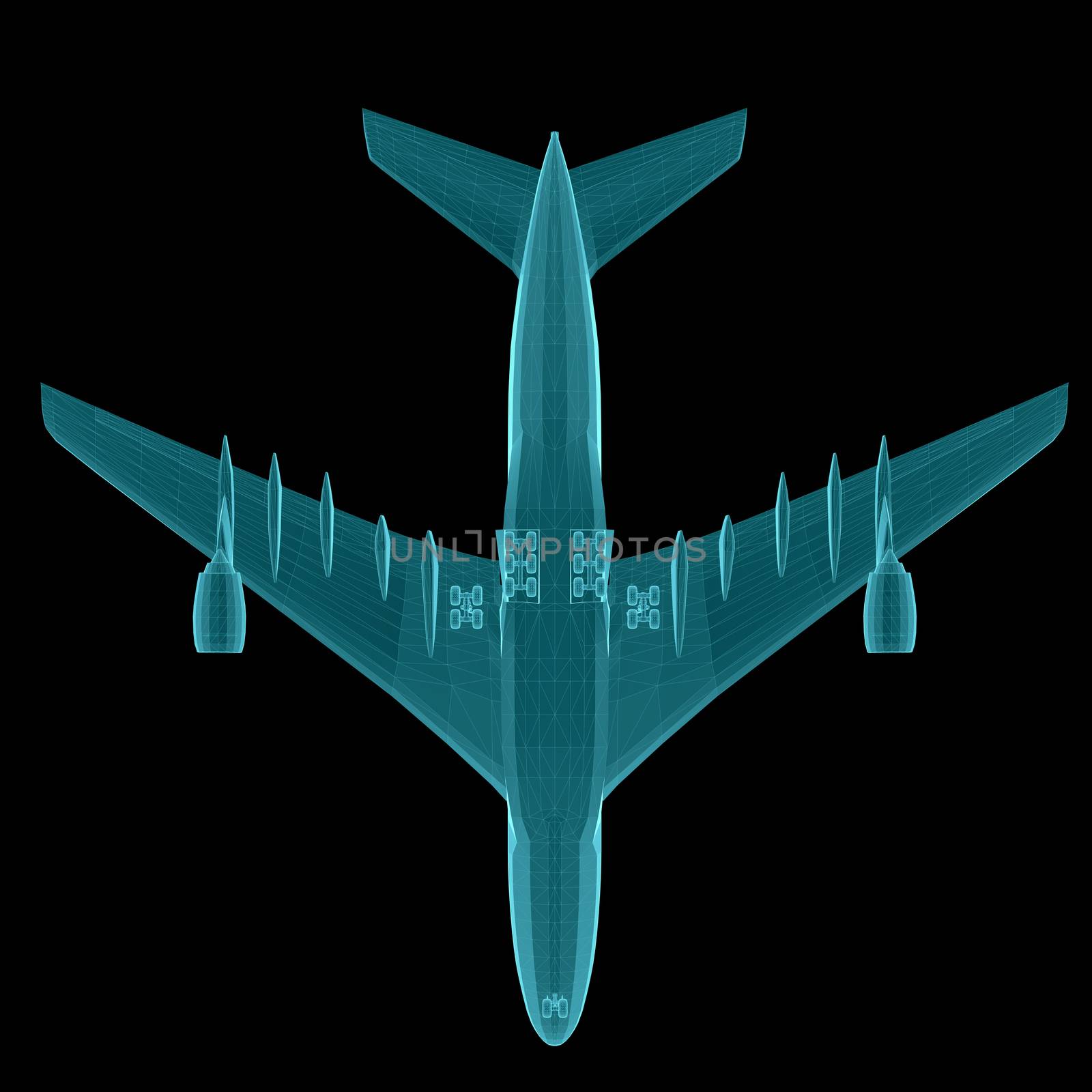 Airplane. Xray image isolated on black. 3d illustration