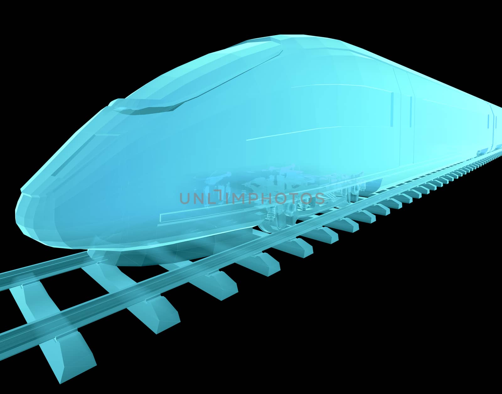 Glow blue high-speed train on black background. 3d illustration