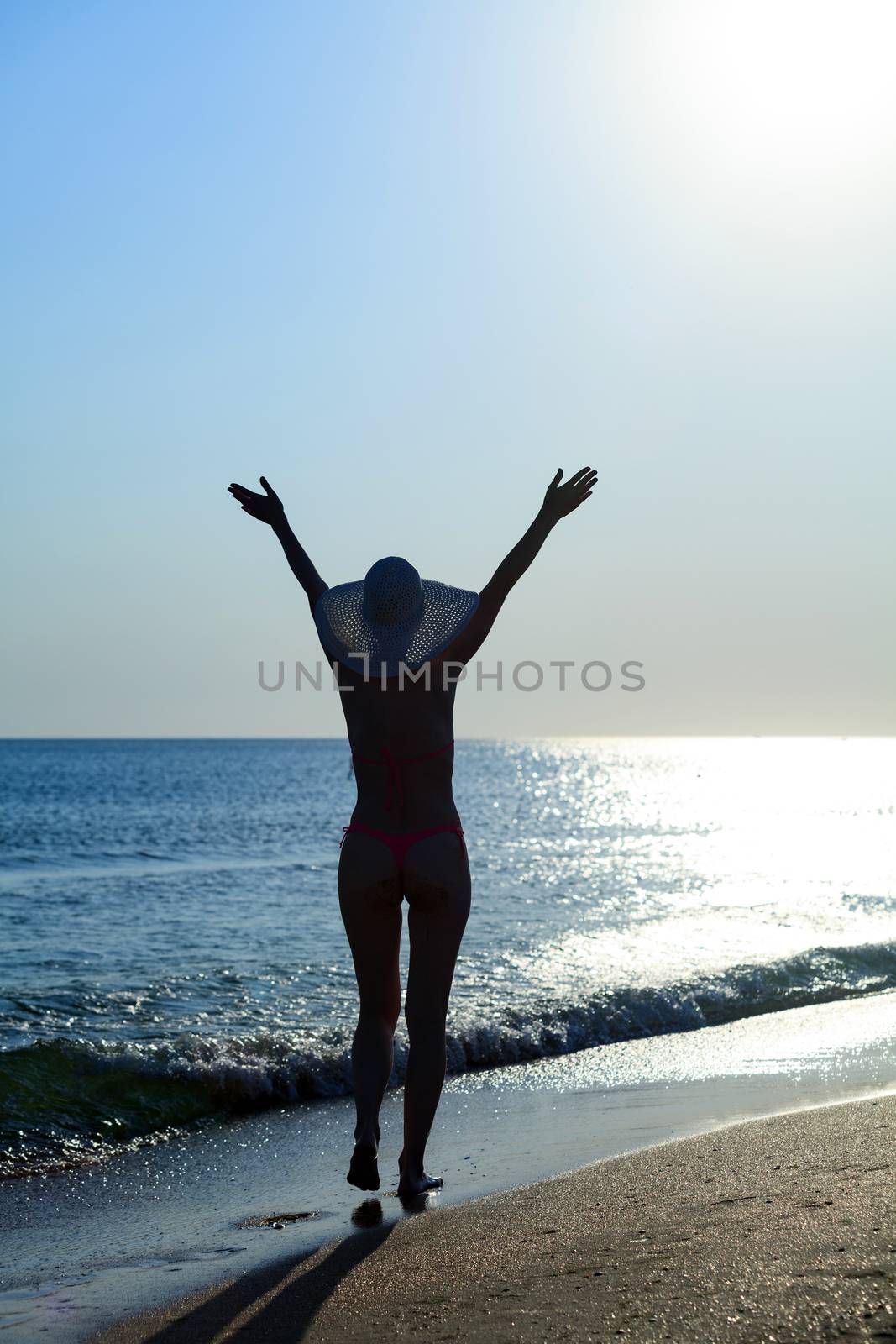 Woman in bikini walking on the beach by Nobilior