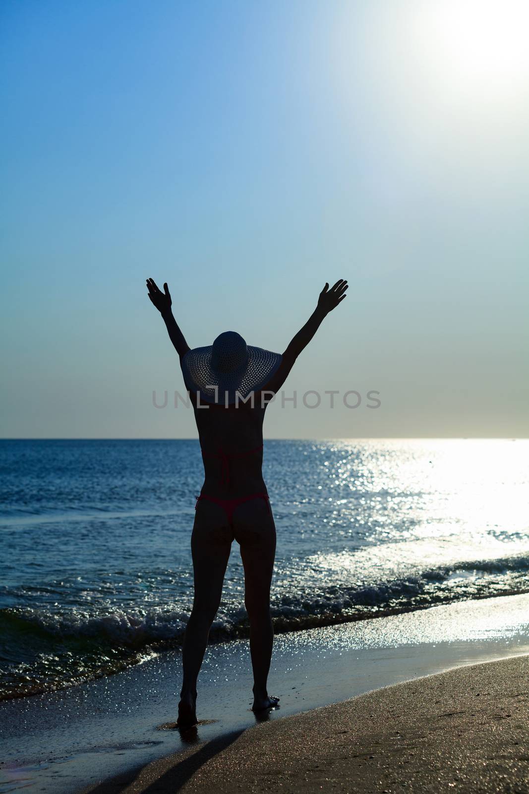 Woman in bikini walking on the beach by Nobilior