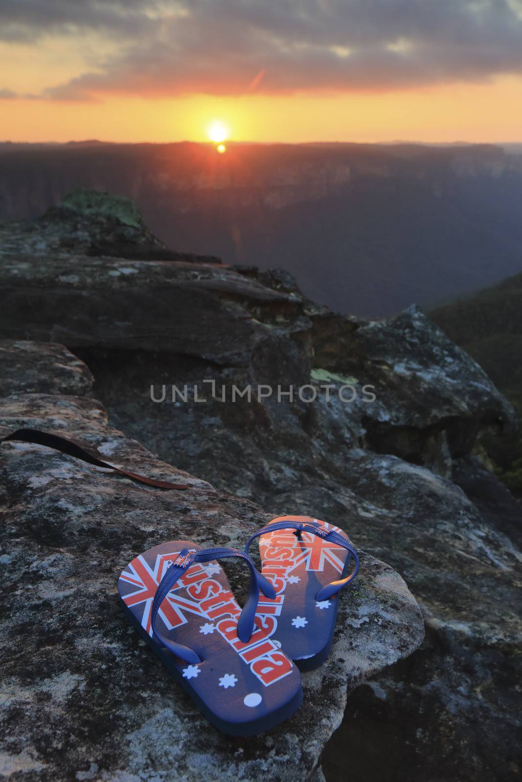 Aussie thongs depicting its Australian flag in the light of the sunset.  Blue Mountains Australia