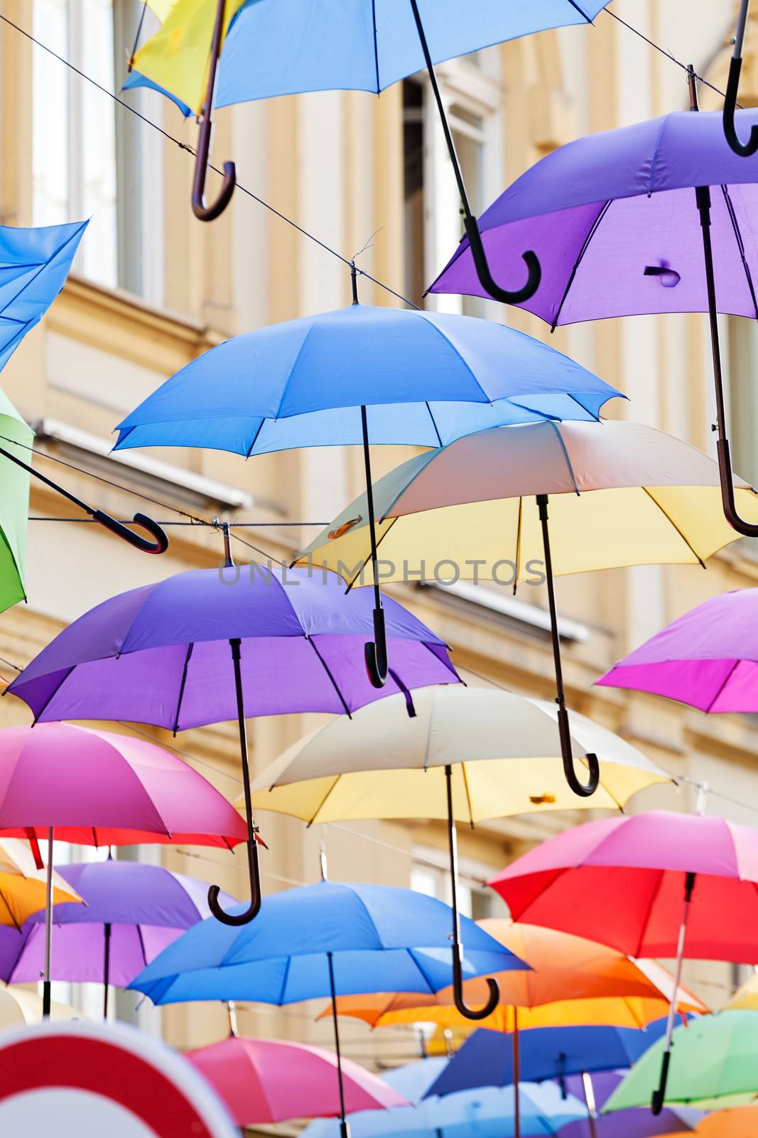 street decoration with colorful open umbrellas at old part of Belgrade, Serbia