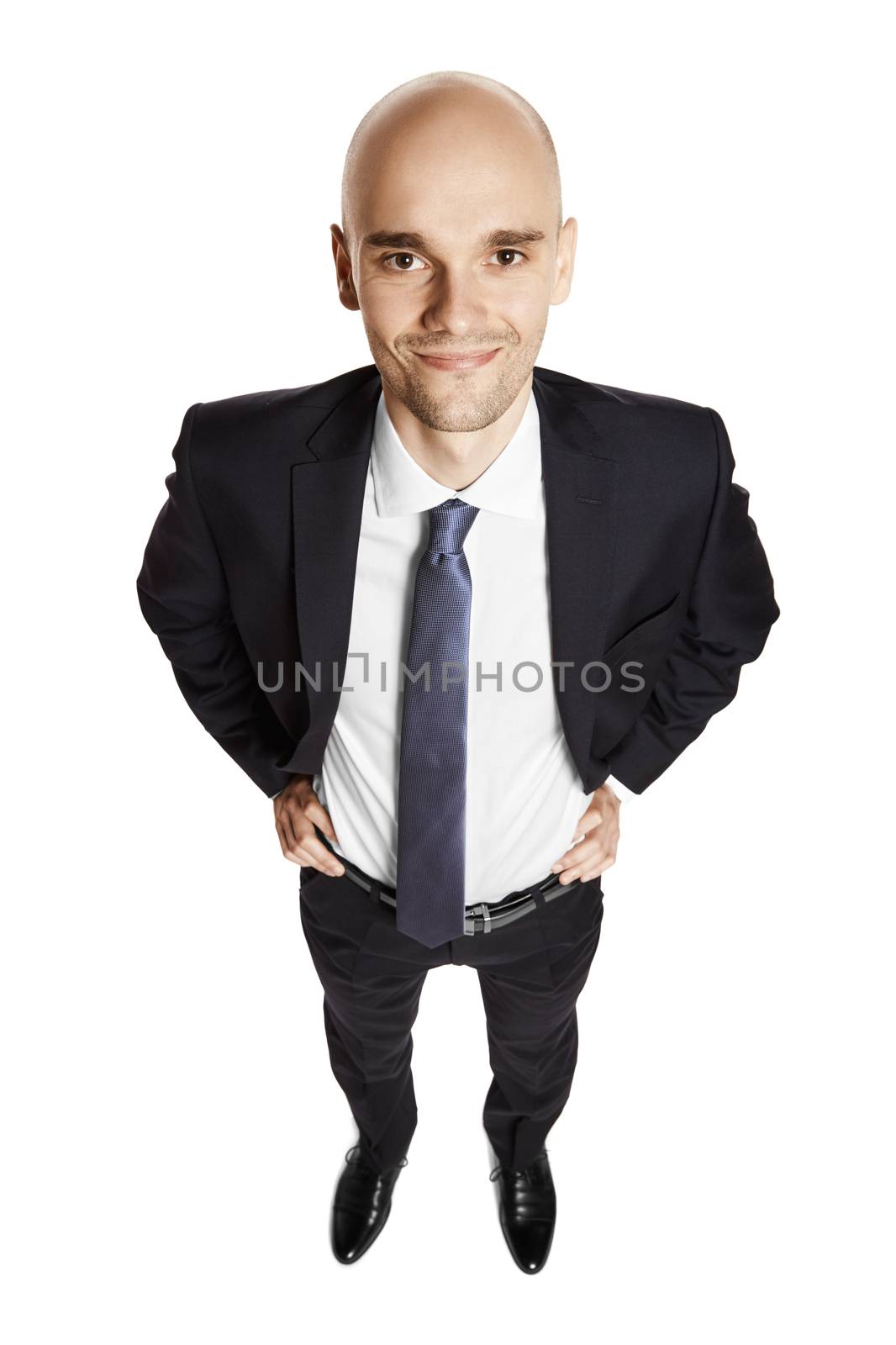 Above view of cheerful man isolated on white background.