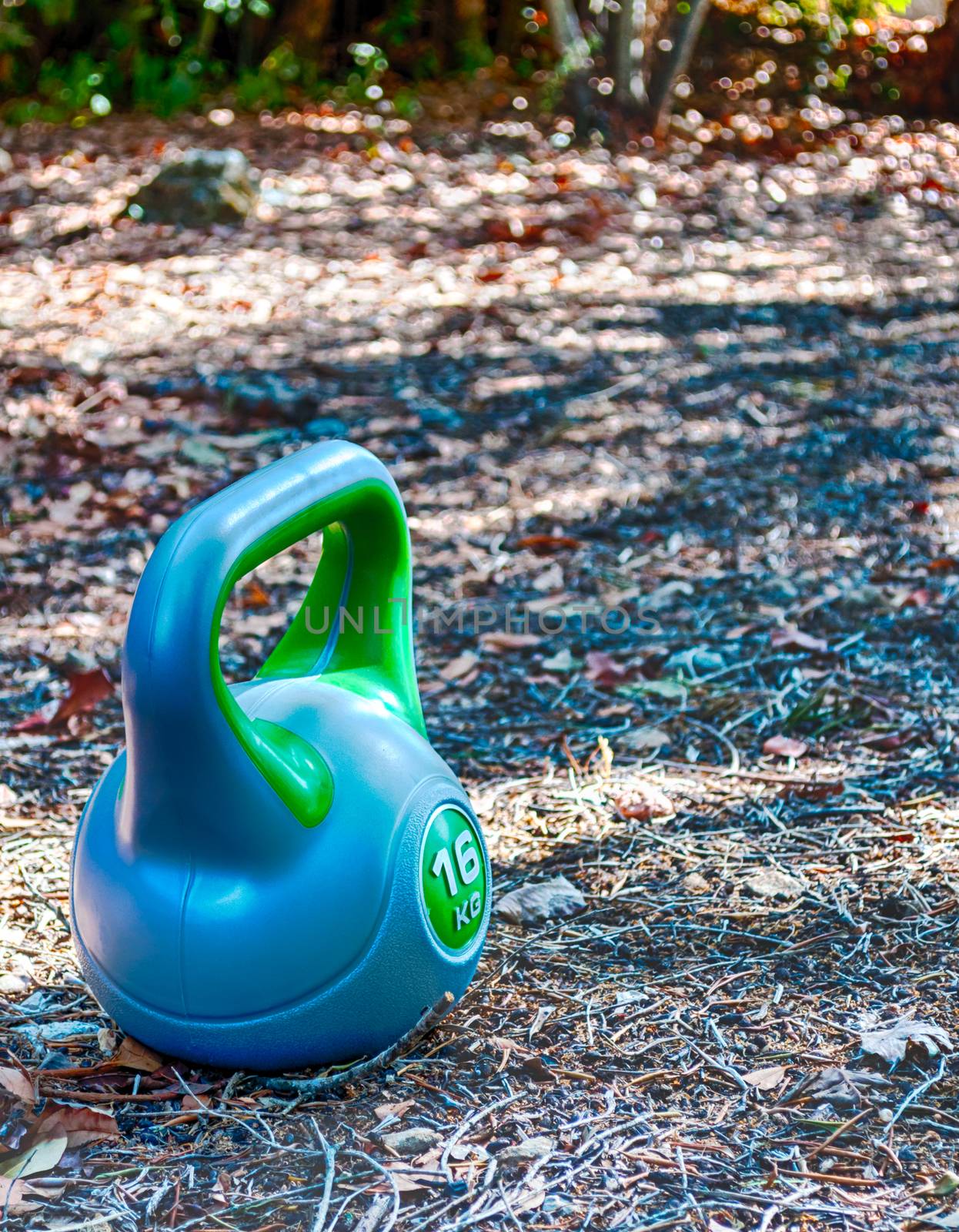 Closeup of a grey and green kettlebell in a garden