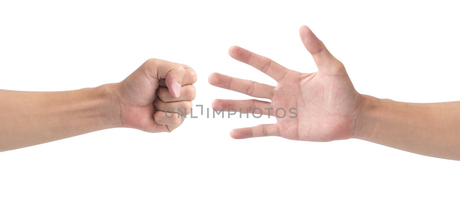 Man hand playing rock paper scissors isolate on white background by pt.pongsak@gmail.com