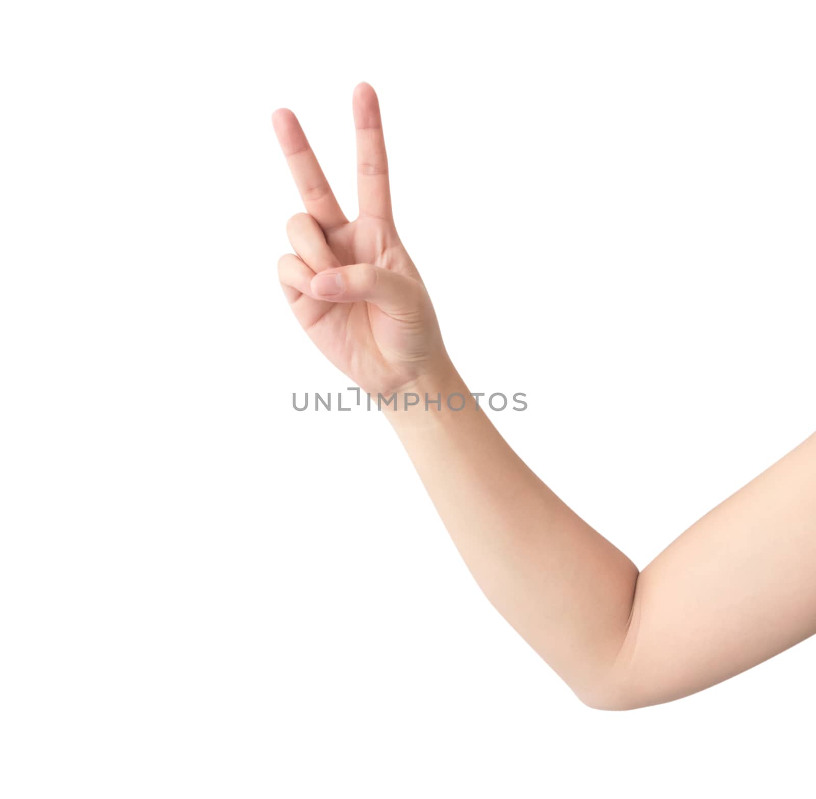 Young woman hand show V sign with white background