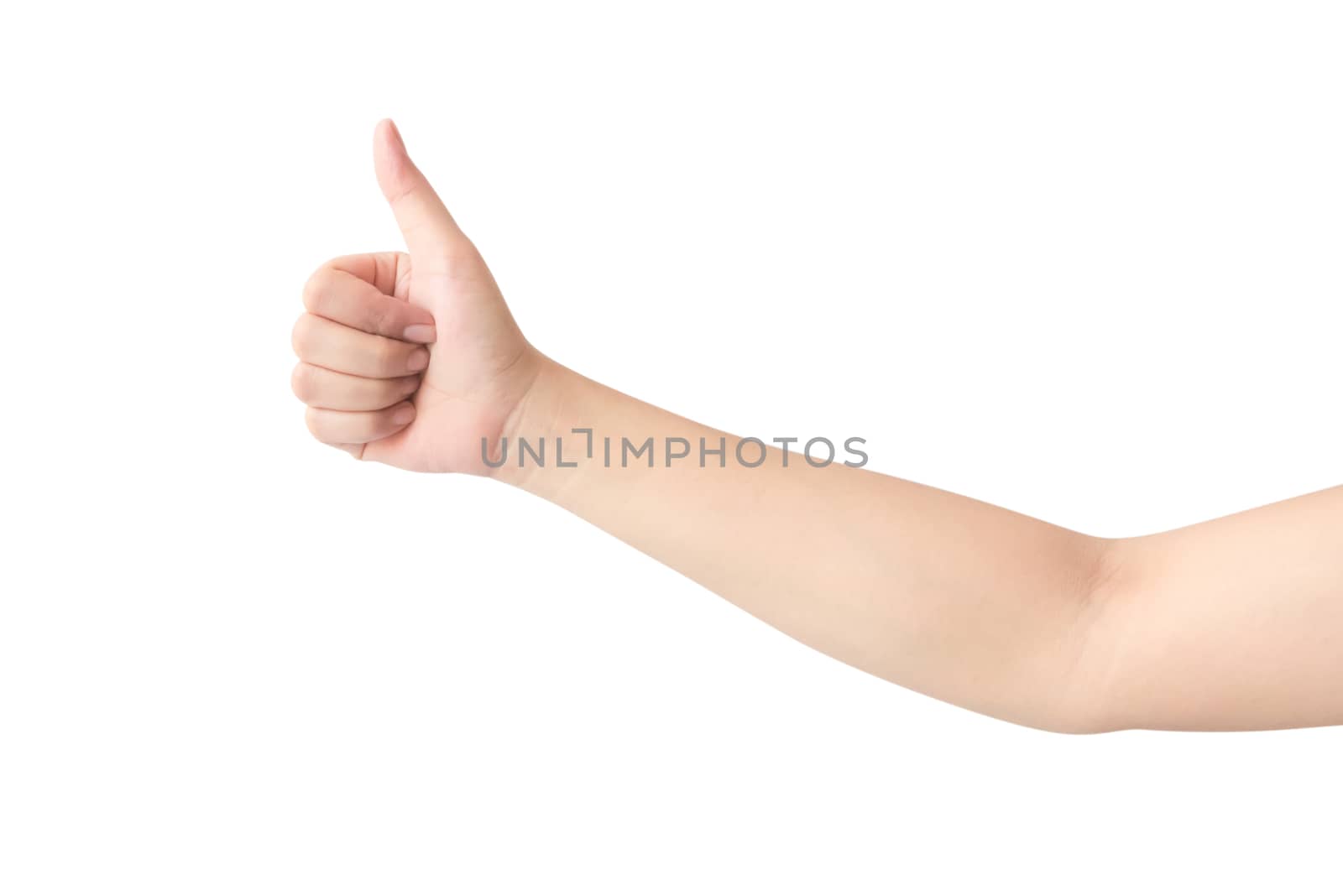 Young woman hand thumbs up for good feeling with white backgroun by pt.pongsak@gmail.com