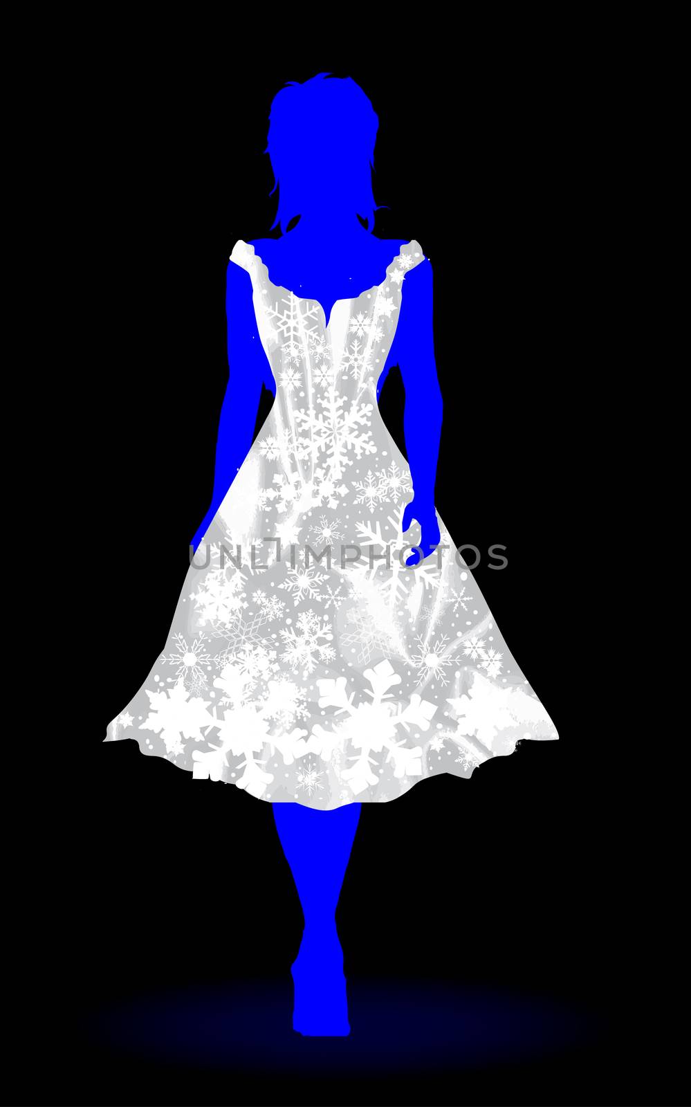 Silhouette of a girl snow queen in a dress made from snowflakes