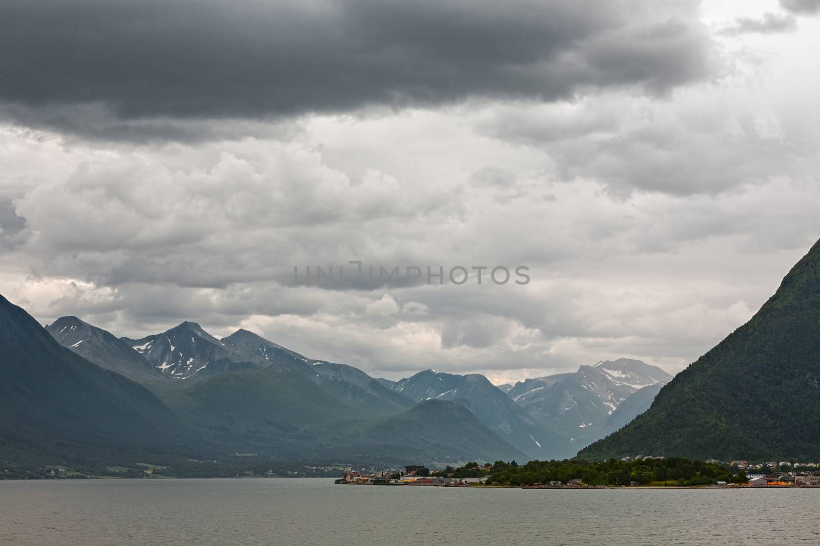 Near Andalsnes along the Romsdalsfjorden under a cloudy sky, Norway