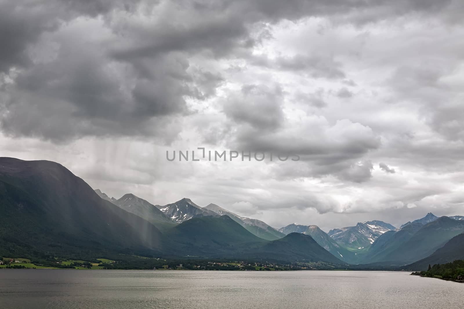Raining in the mountains along the Romsdalsfjorden near Andalsnes, Norway