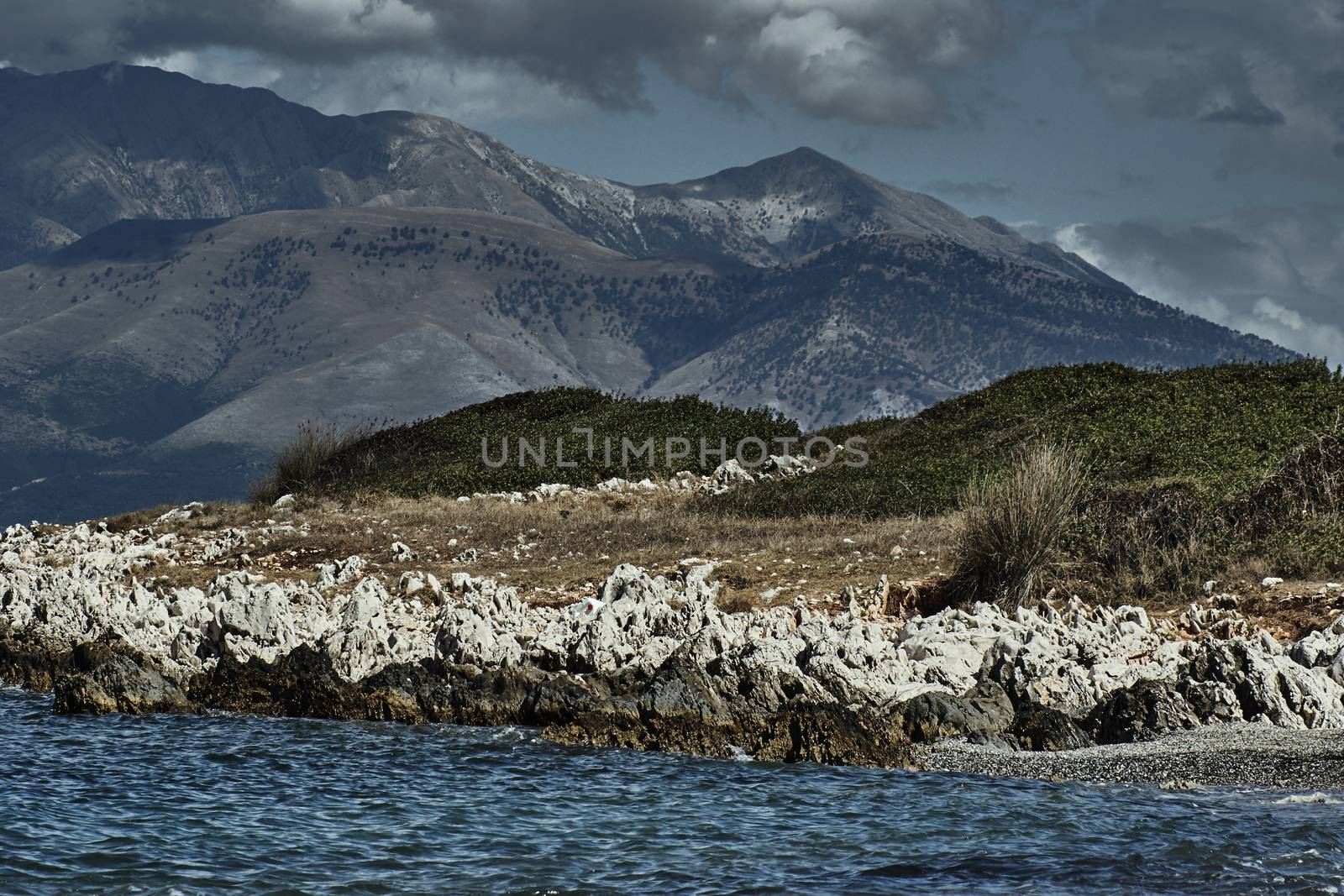 View to mountains in Albania from Corfu island, Greece