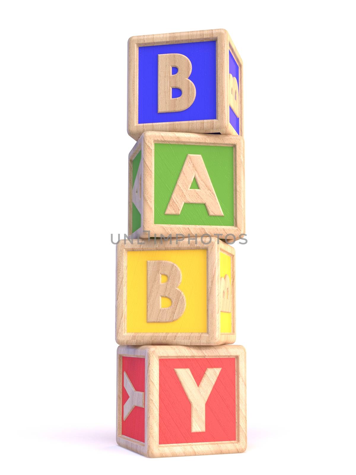Word BABY made of wooden blocks toy vertical 3D render illustration isolated on white background