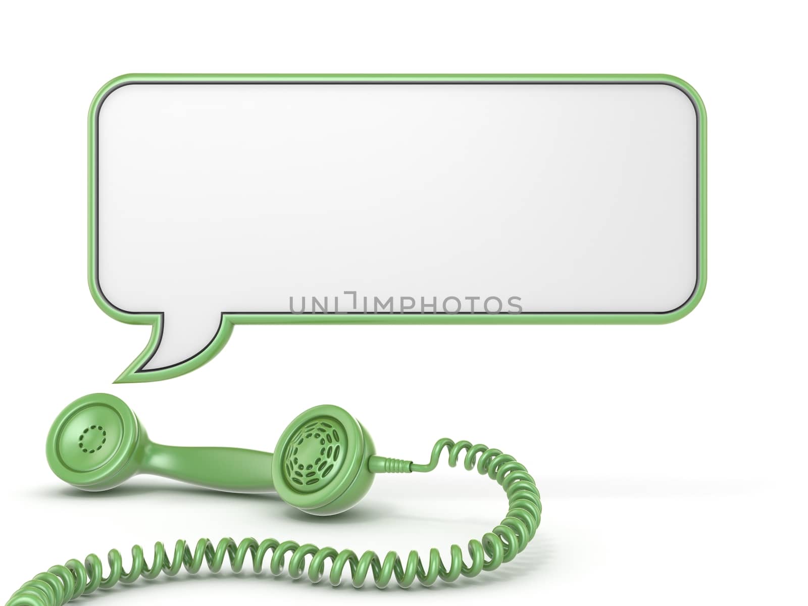 Green telephone handset and speech bubble 3D render illustration isolated on white background
