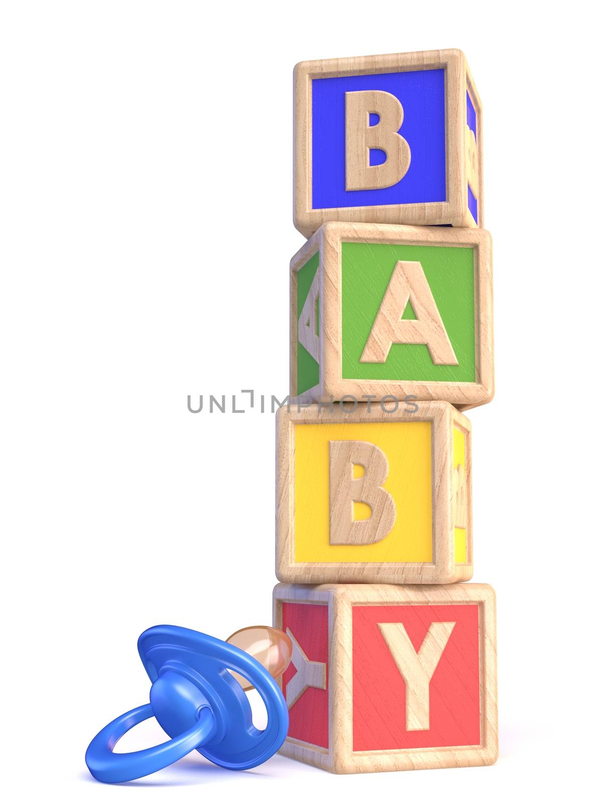 Word BABY made of wooden blocks toy and baby pacifier 3D render illustration isolated on white background