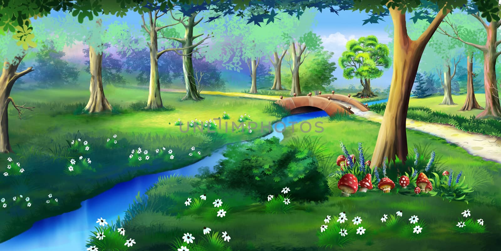 Fairy Tale Amanita Mushrooms in a Forest Glade in a Summer Day. Idyllic View of the Small Bridge Over the Creek. Digital painting background, Illustration in cartoon style character.