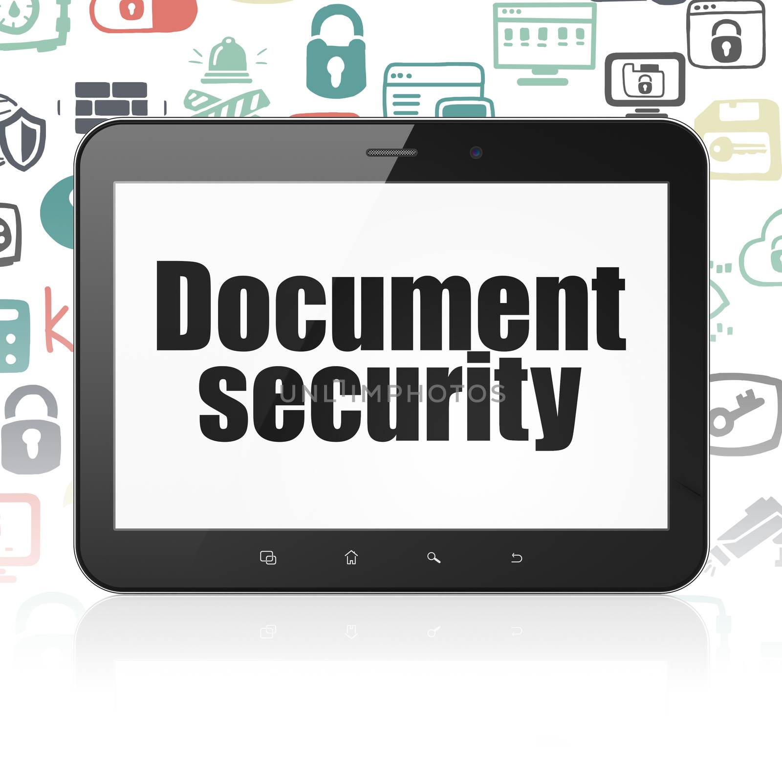 Protection concept: Tablet Computer with  black text Document Security on display,  Hand Drawn Security Icons background, 3D rendering