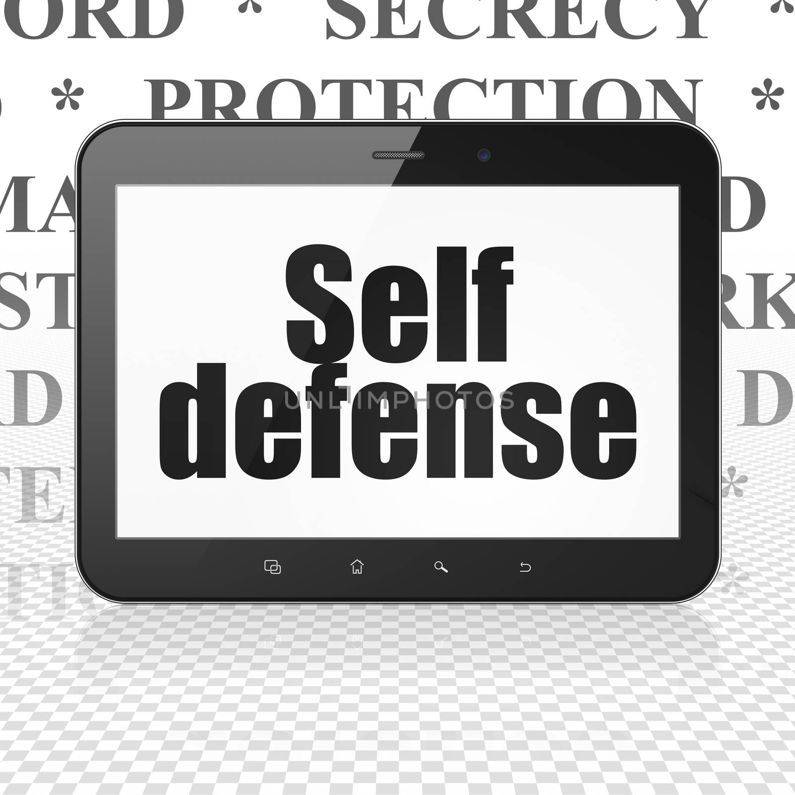 Security concept: Tablet Computer with  black text Self Defense on display,  Tag Cloud background, 3D rendering