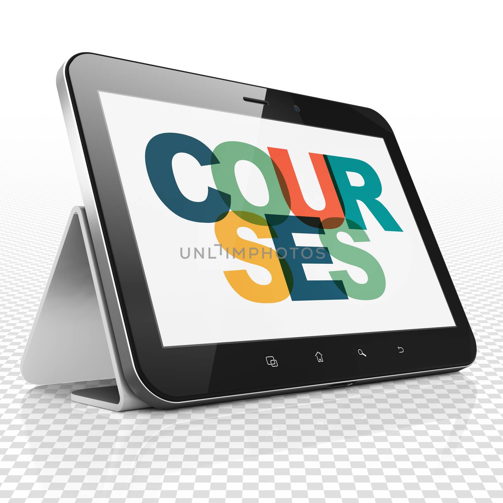 Education concept: Tablet Computer with Painted multicolor text Courses on display, 3D rendering