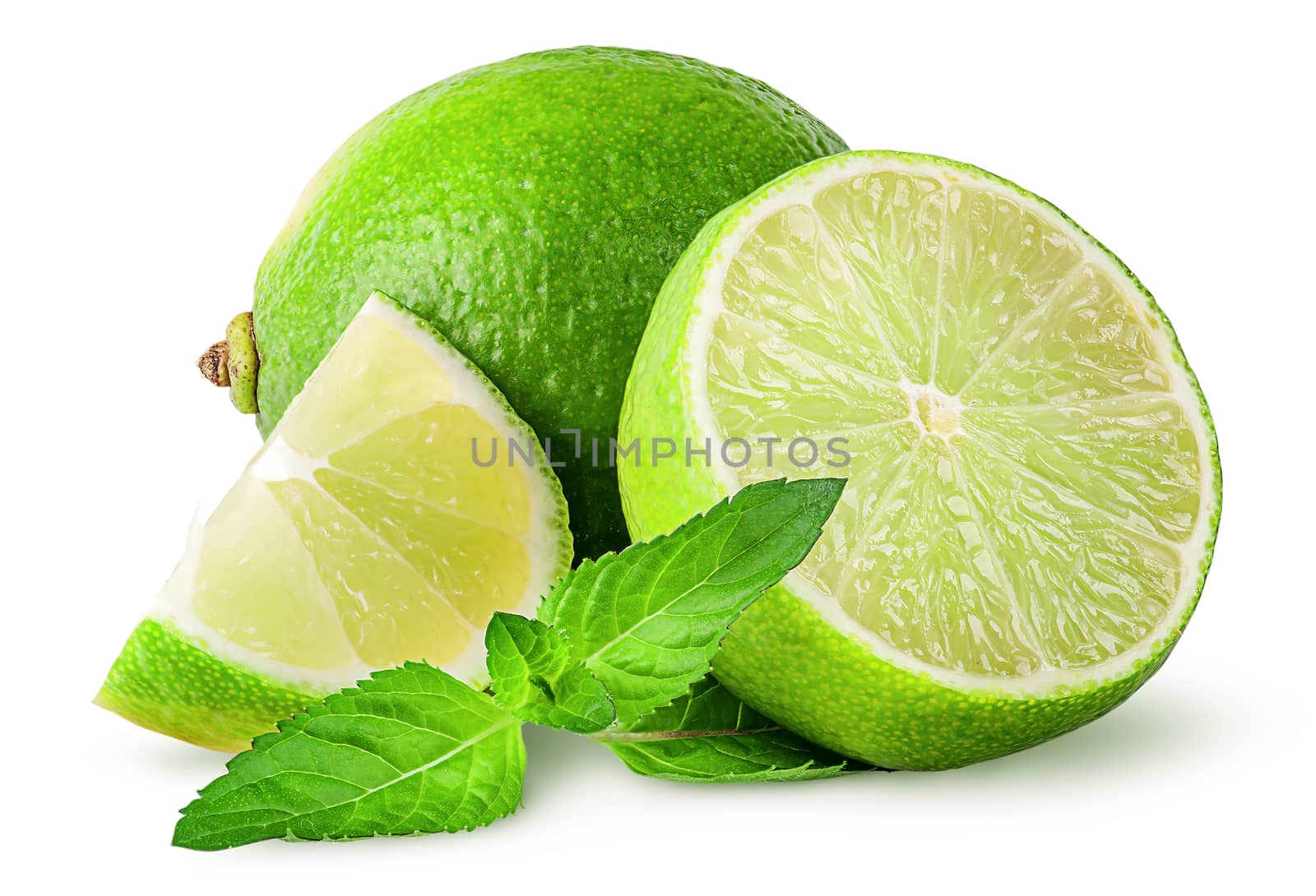 Whole and few pieces of lime with mint isolated on white background