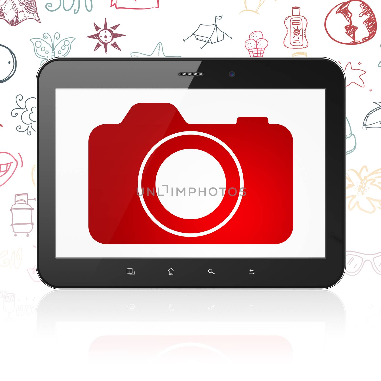 Vacation concept: Tablet Computer with  red Photo Camera icon on display,  Hand Drawn Vacation Icons background, 3D rendering
