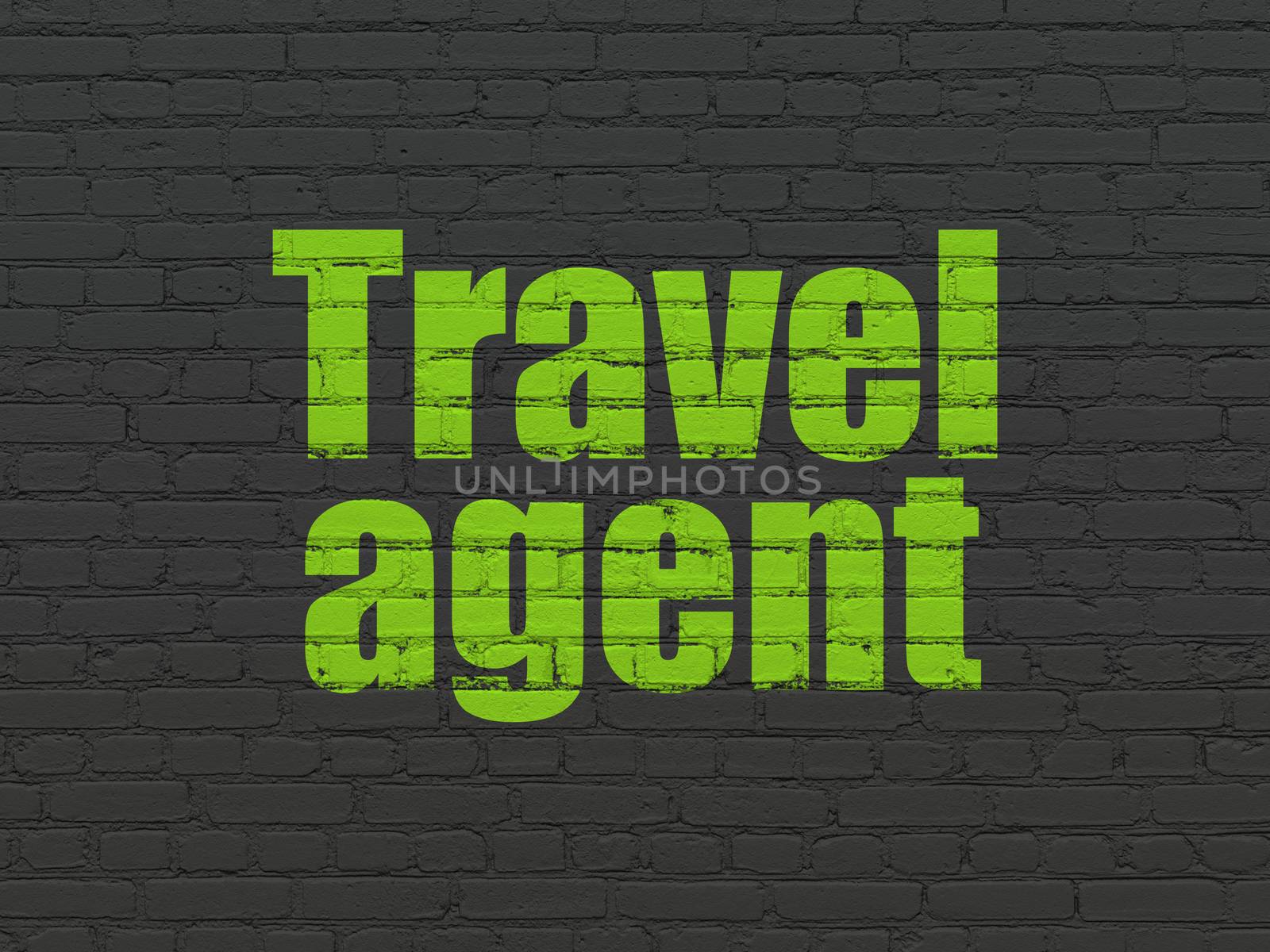 Vacation concept: Painted green text Travel Agent on Black Brick wall background