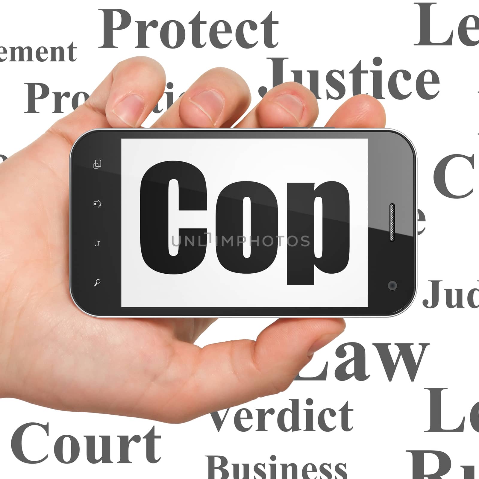 Law concept: Hand Holding Smartphone with  black text Cop on display,  Tag Cloud background, 3D rendering