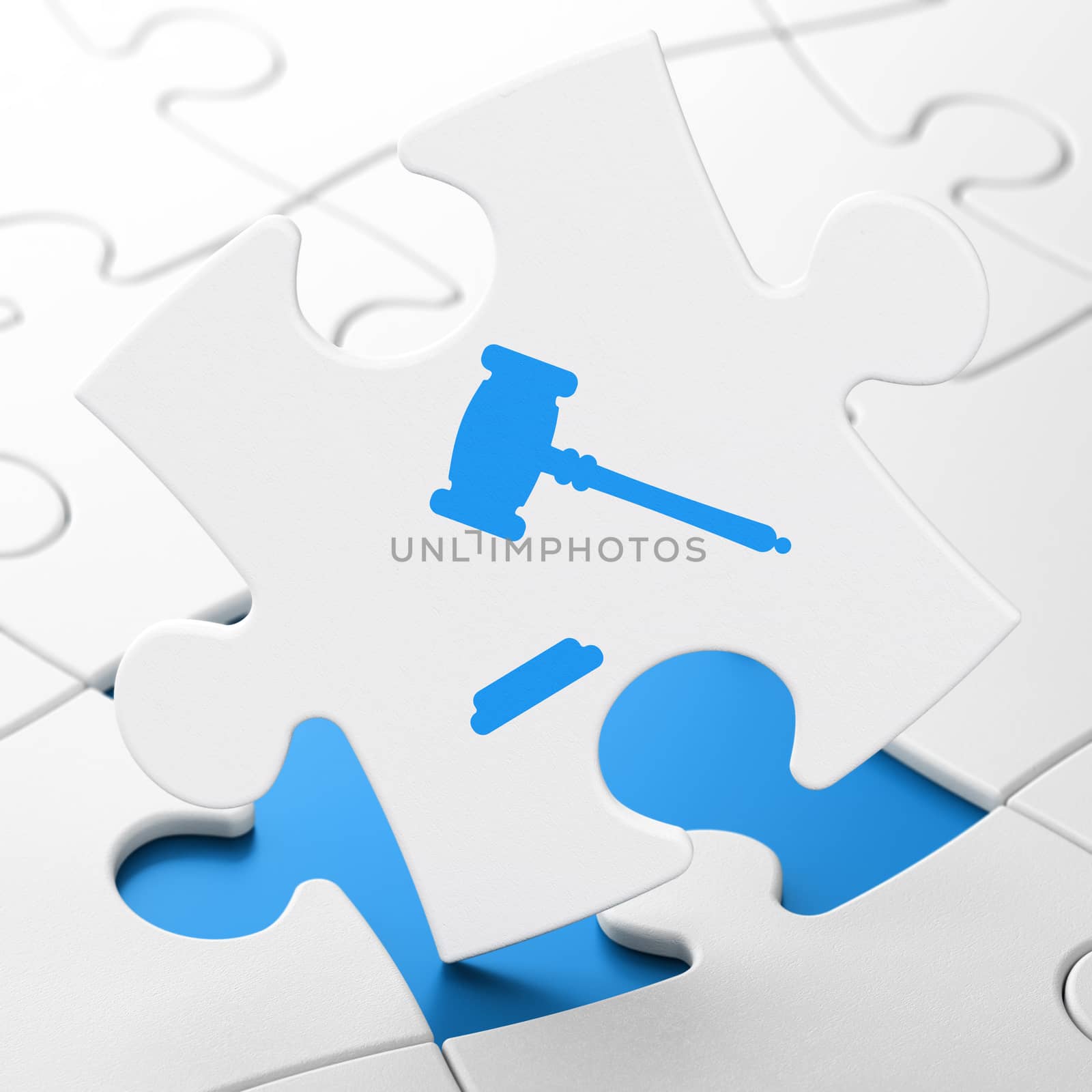 Law concept: Gavel on White puzzle pieces background, 3D rendering