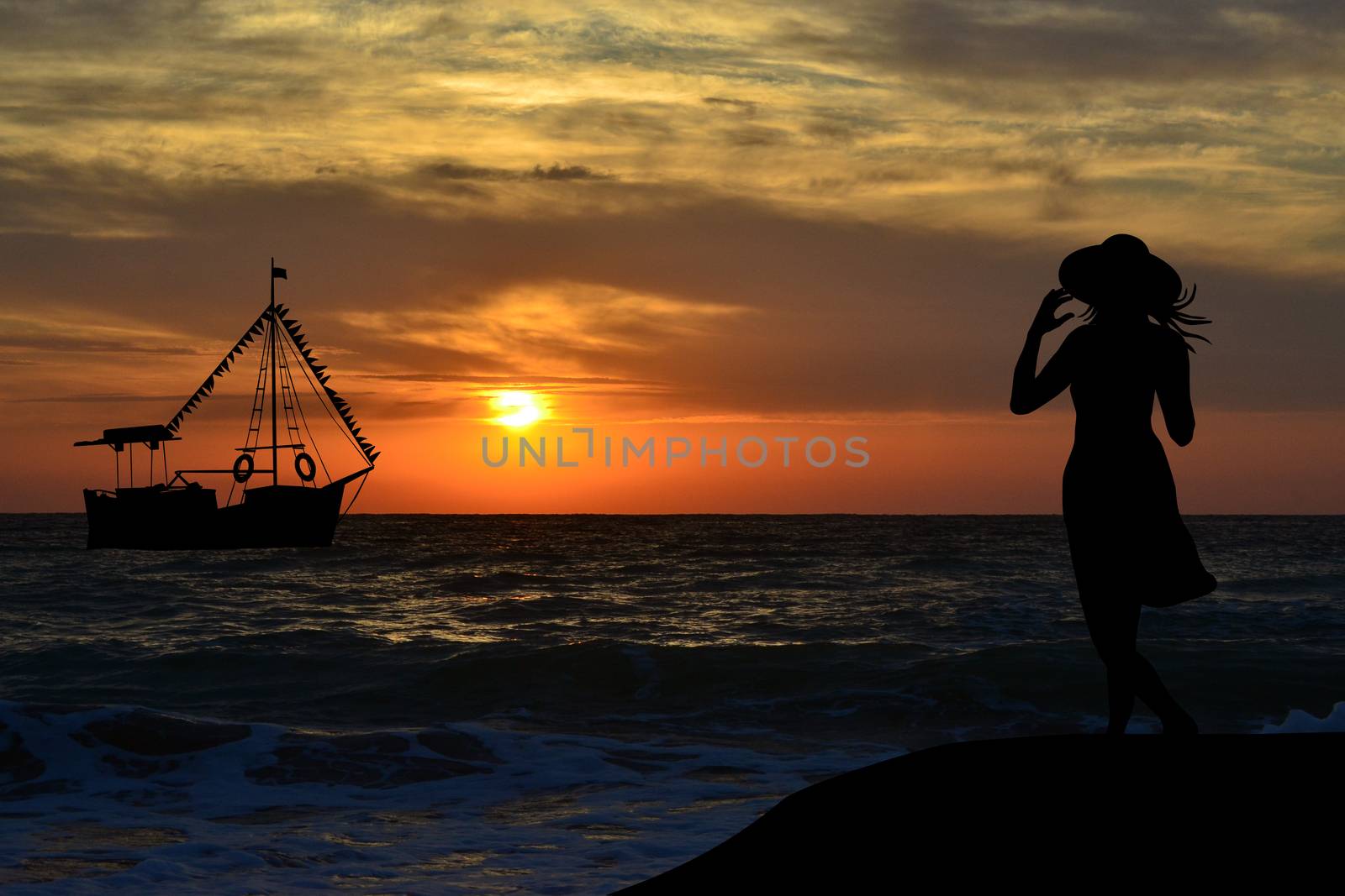 Back view of woman silhouette watching a boat at sunrise by hibrida13