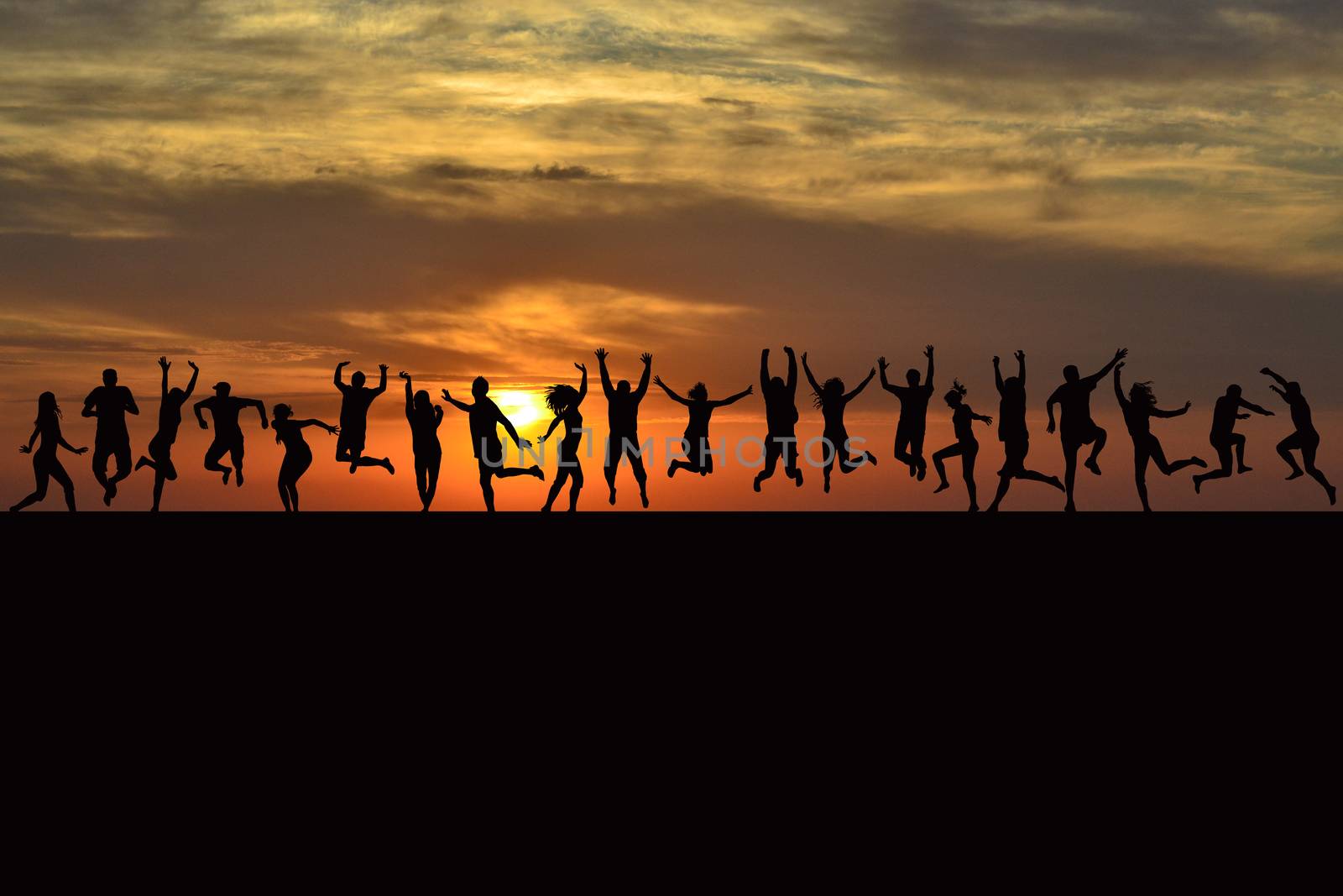 Happy men and women jumping at sunrise by hibrida13