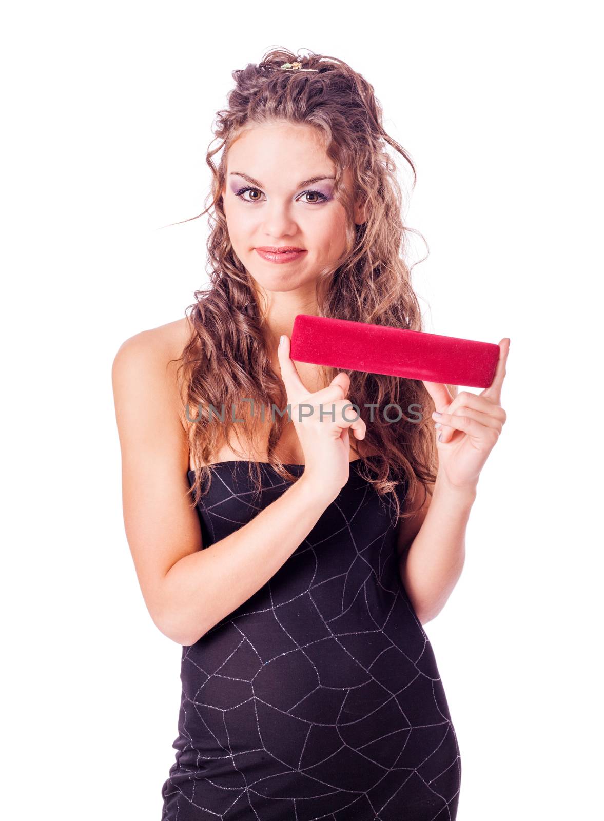 Young happy woman holding jewelry red box isolated