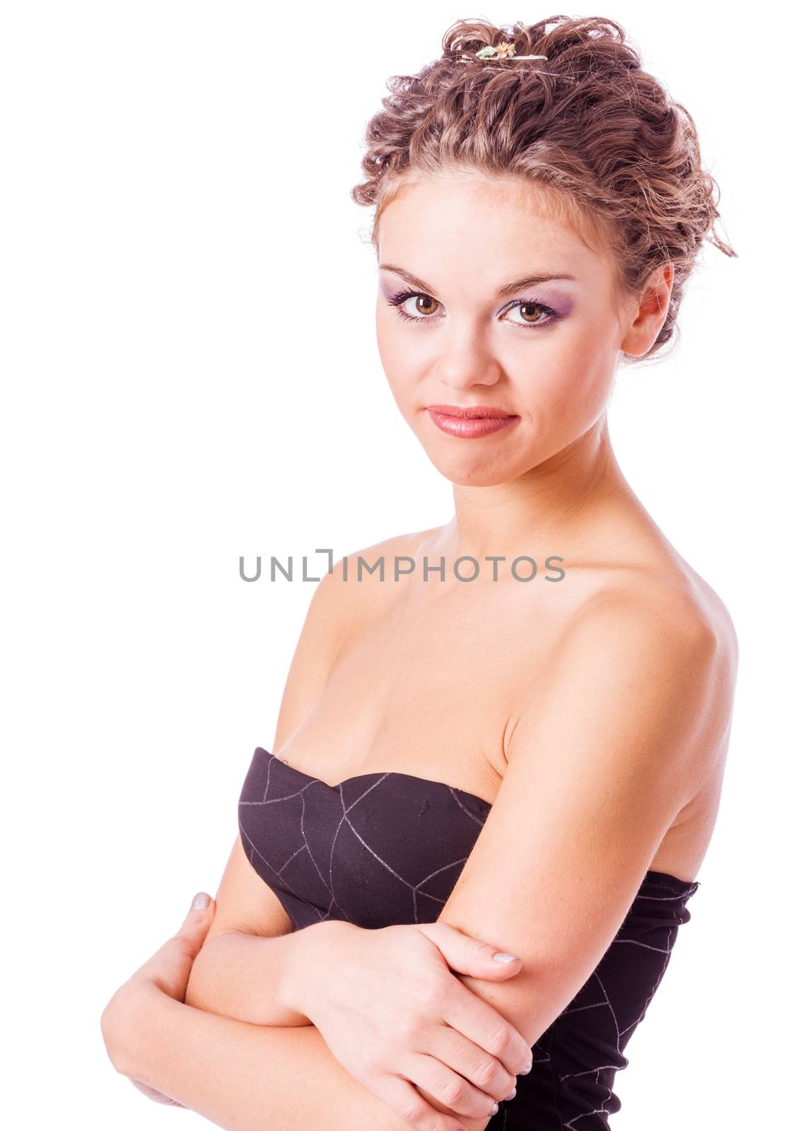 young beautiful woman with evening makeup crossed hands isolated