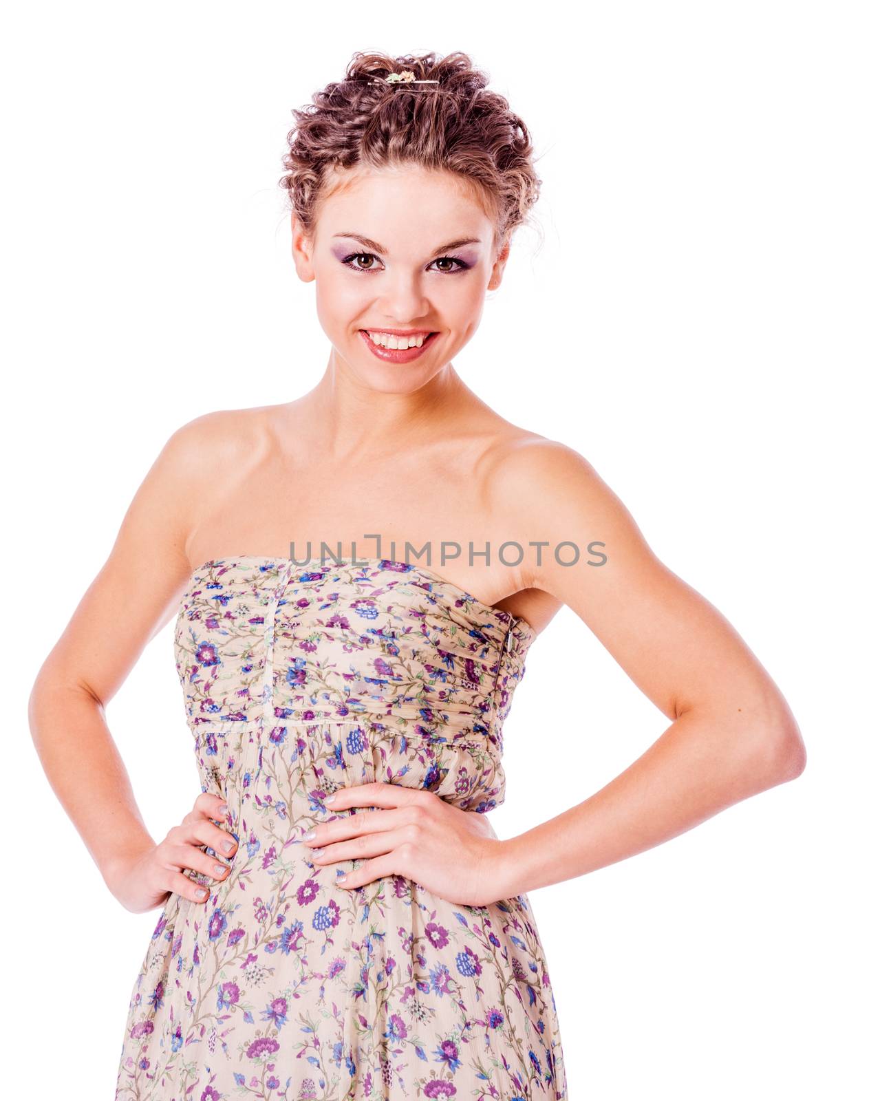 beautiful young woman laughing wearing dress isolated on white