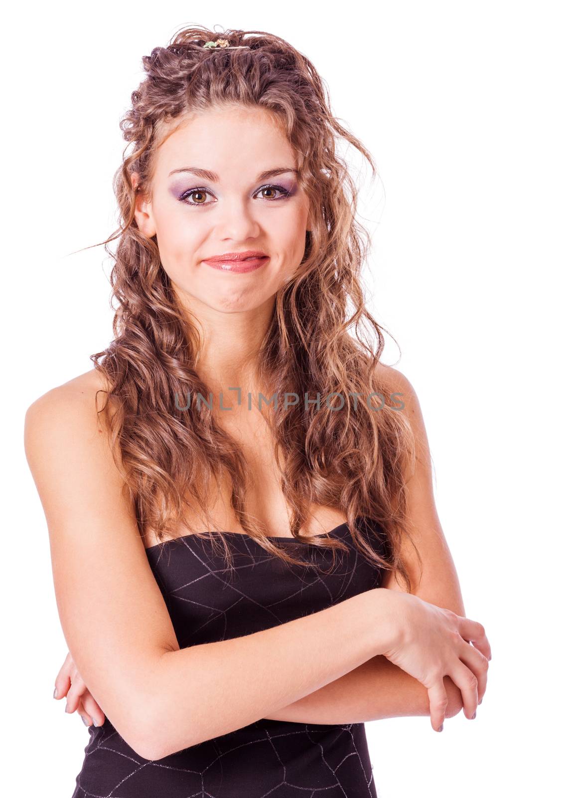 woman crossed hands standing wearing dress isolated on white