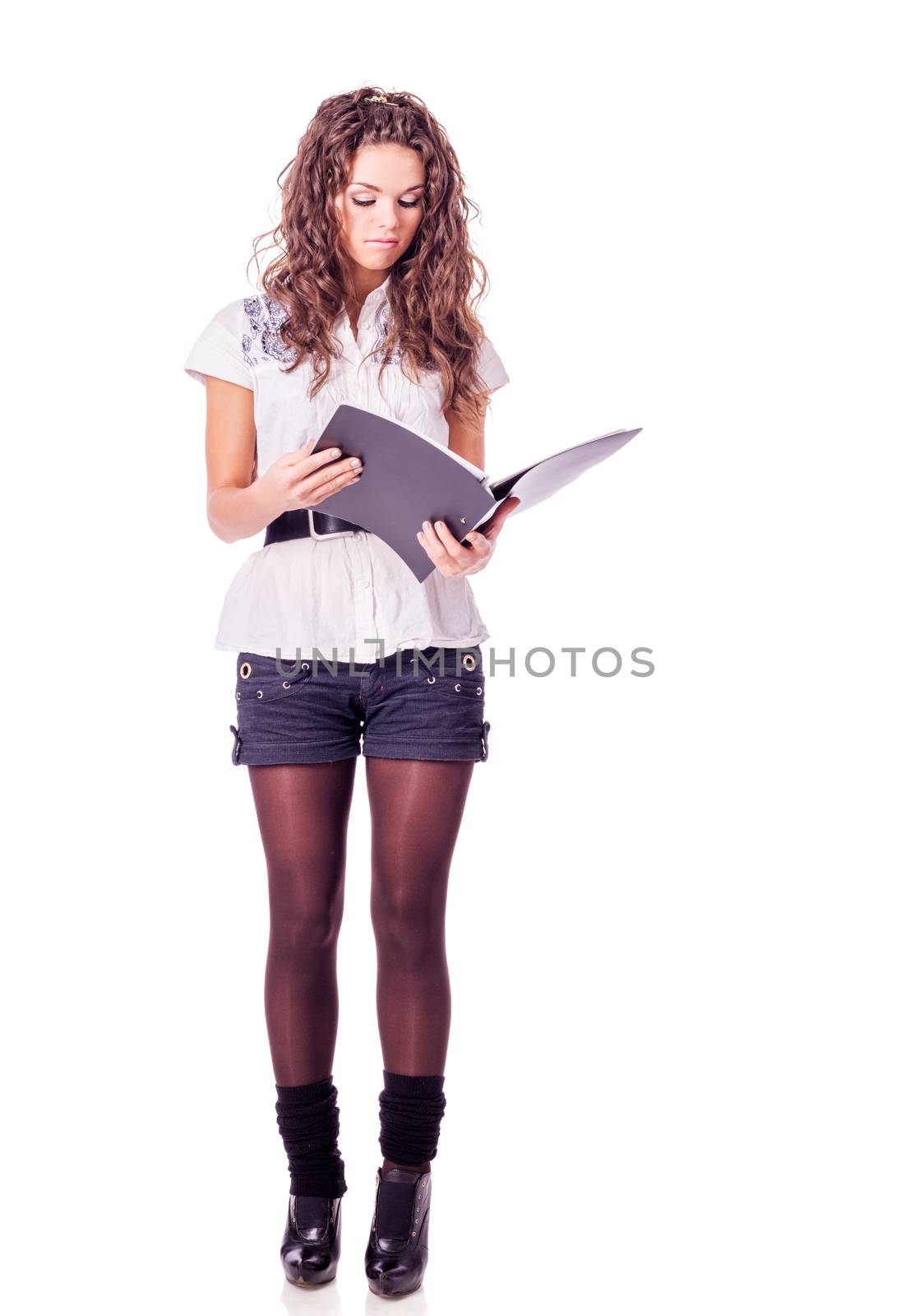 Young cheerful Secretary holding folder and pen isolated on white