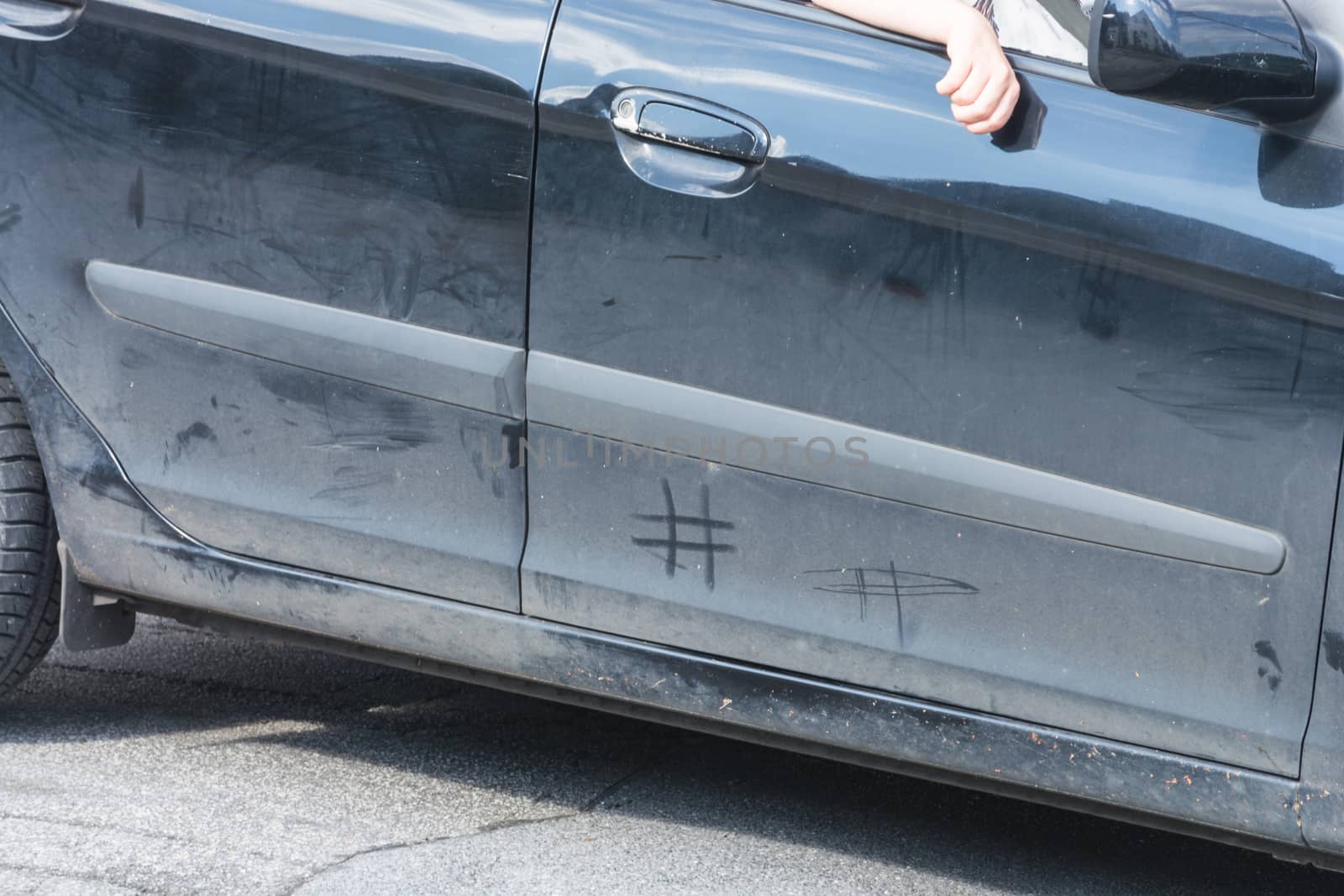 Contaminated car door with hashtag sign    by JFsPic