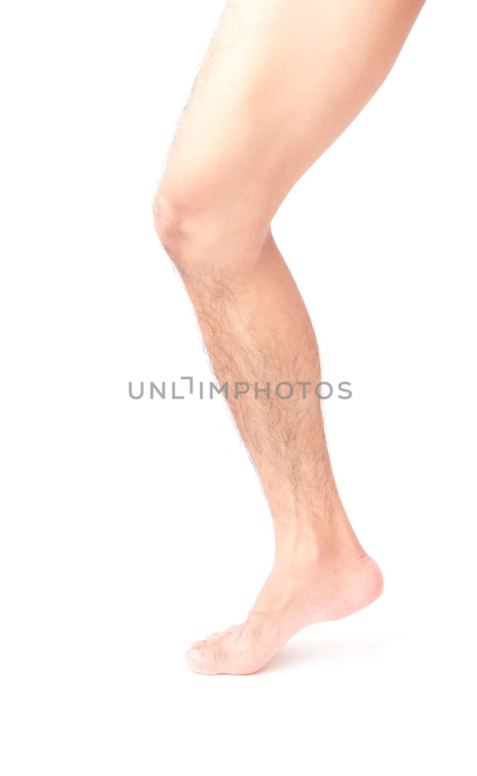 Closeup leg men skin and hairy with white background, health care and medical concept