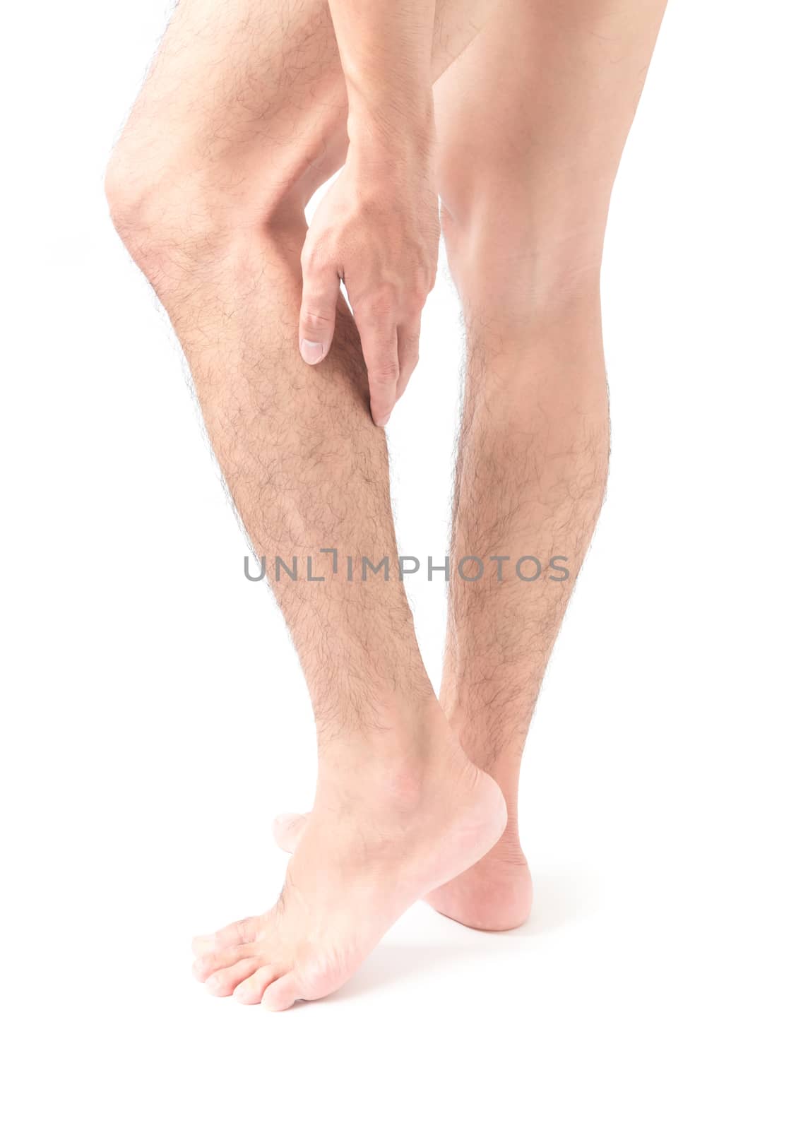 Man hand holding calf pain with white background