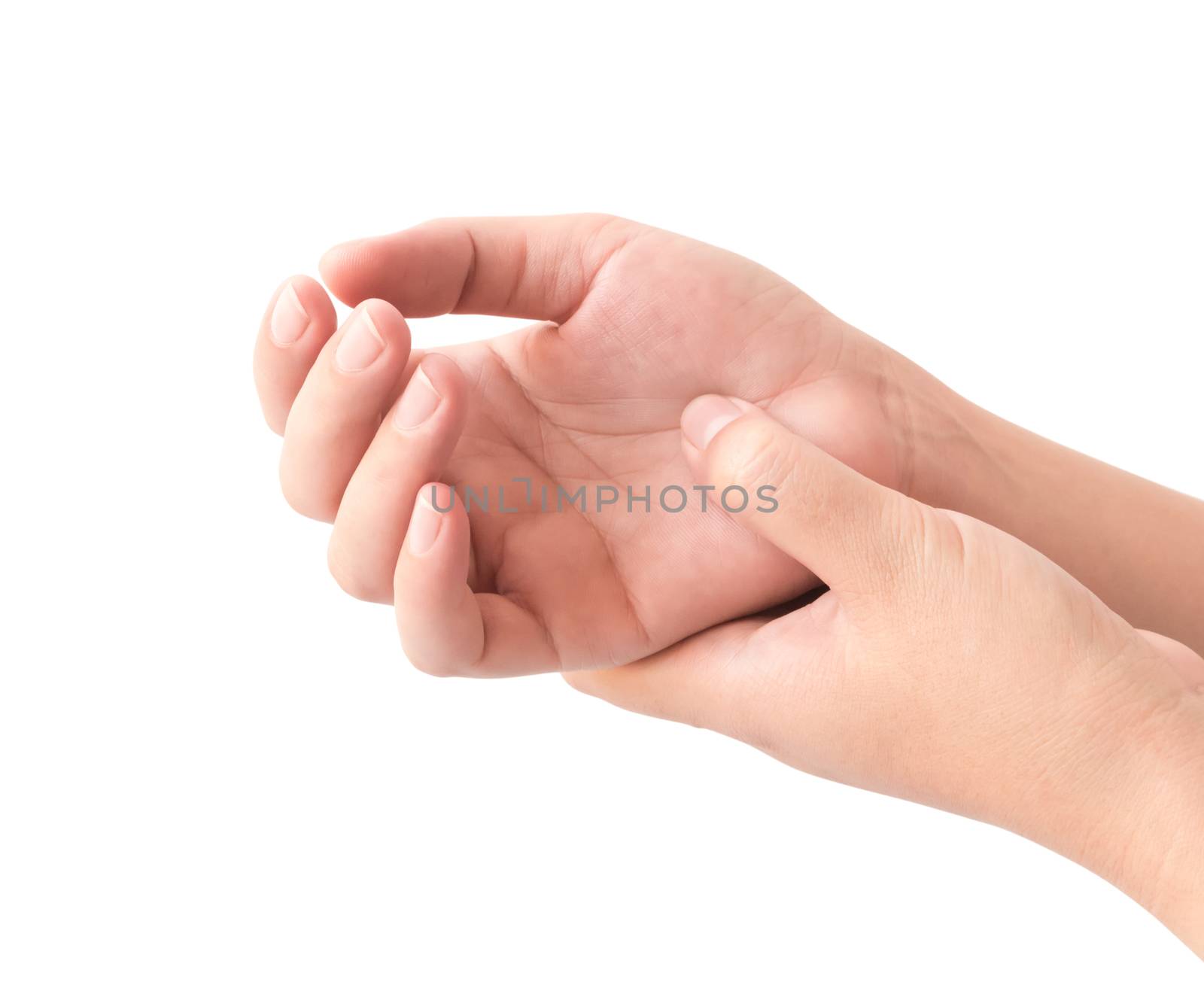 Woman hand holding her wrist on white background, health care and medical concept