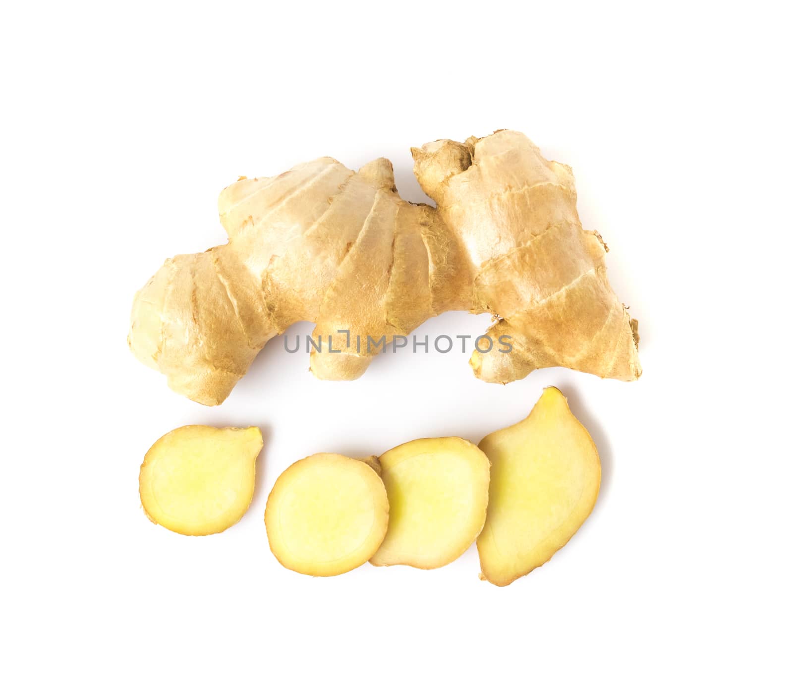 Fresh ginger slices on white background, herb and raw material cooking